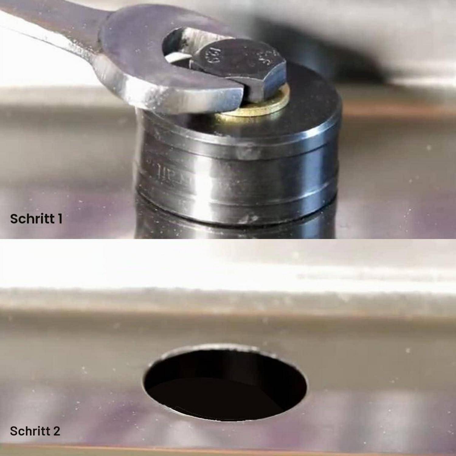 Zwei-Schritte-Metallbearbeitung: Schritt 1 zeigt einen Schraubenschlüssel, der eine Befestigung an einem zylindrischen Teil dreht; Schritt 2 zeigt ein sauberes rundes Loch, das in eine Metalloberfläche geschnitten wurde.