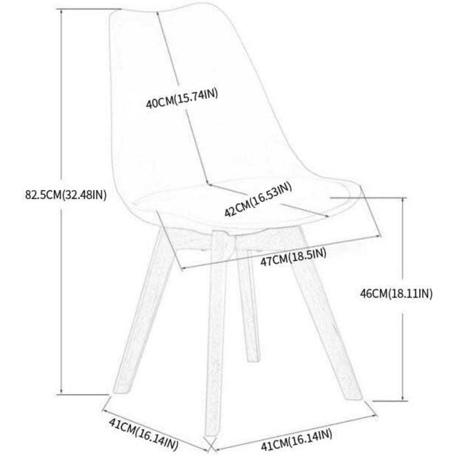 Linienzeichnung eines Stuhls mit gekennzeichneten Abmessungen: 82,5 cm hoch, 47 cm breit, 46 cm Sitzhöhe, 40 cm Sitztiefe, 42 cm Sitzbreite und 41 cm Beinabstand.