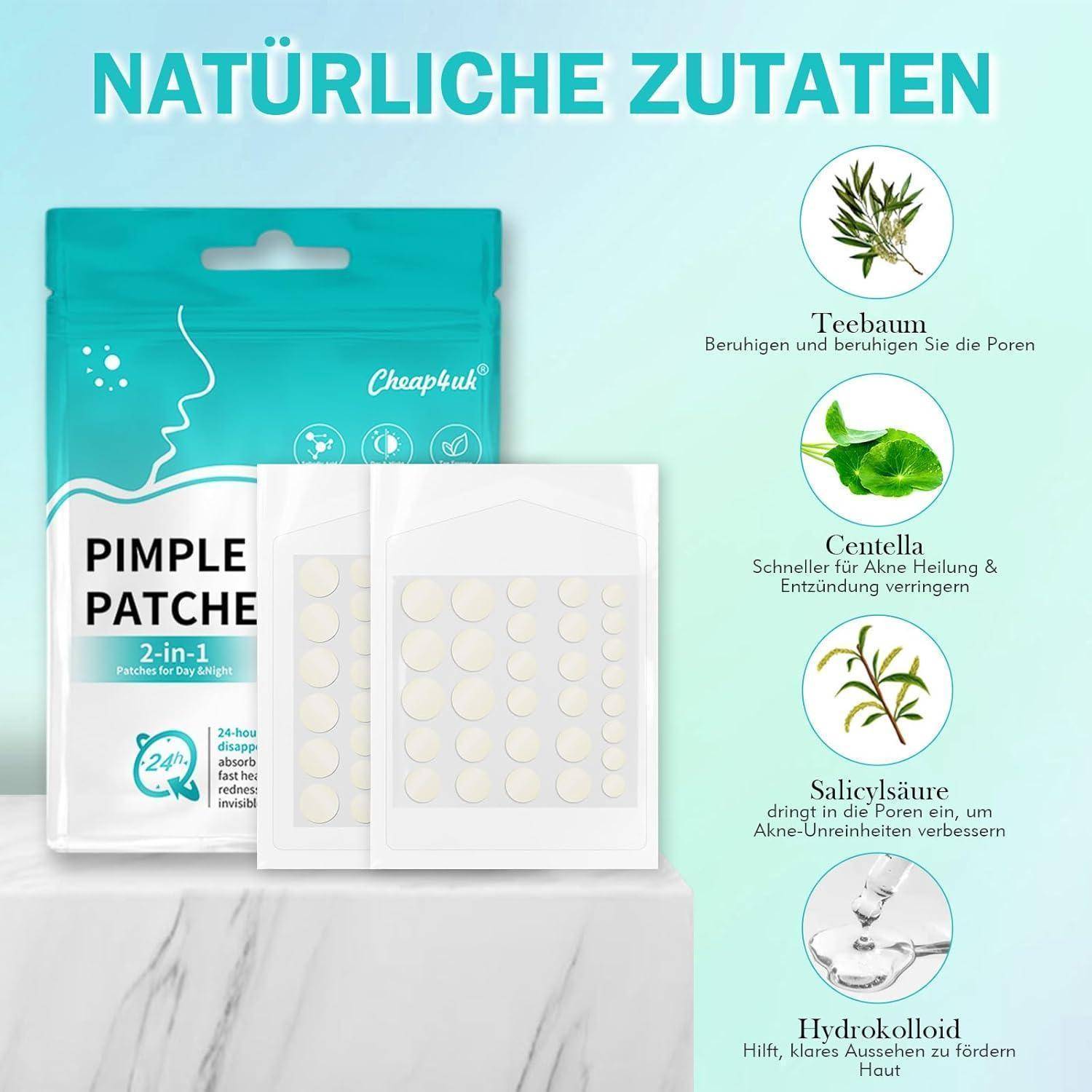 Werbebild der 2-in-1 Pickelfleck-Verpackung mit Aufklebern und deutschem Text „Natürliche Zutaten