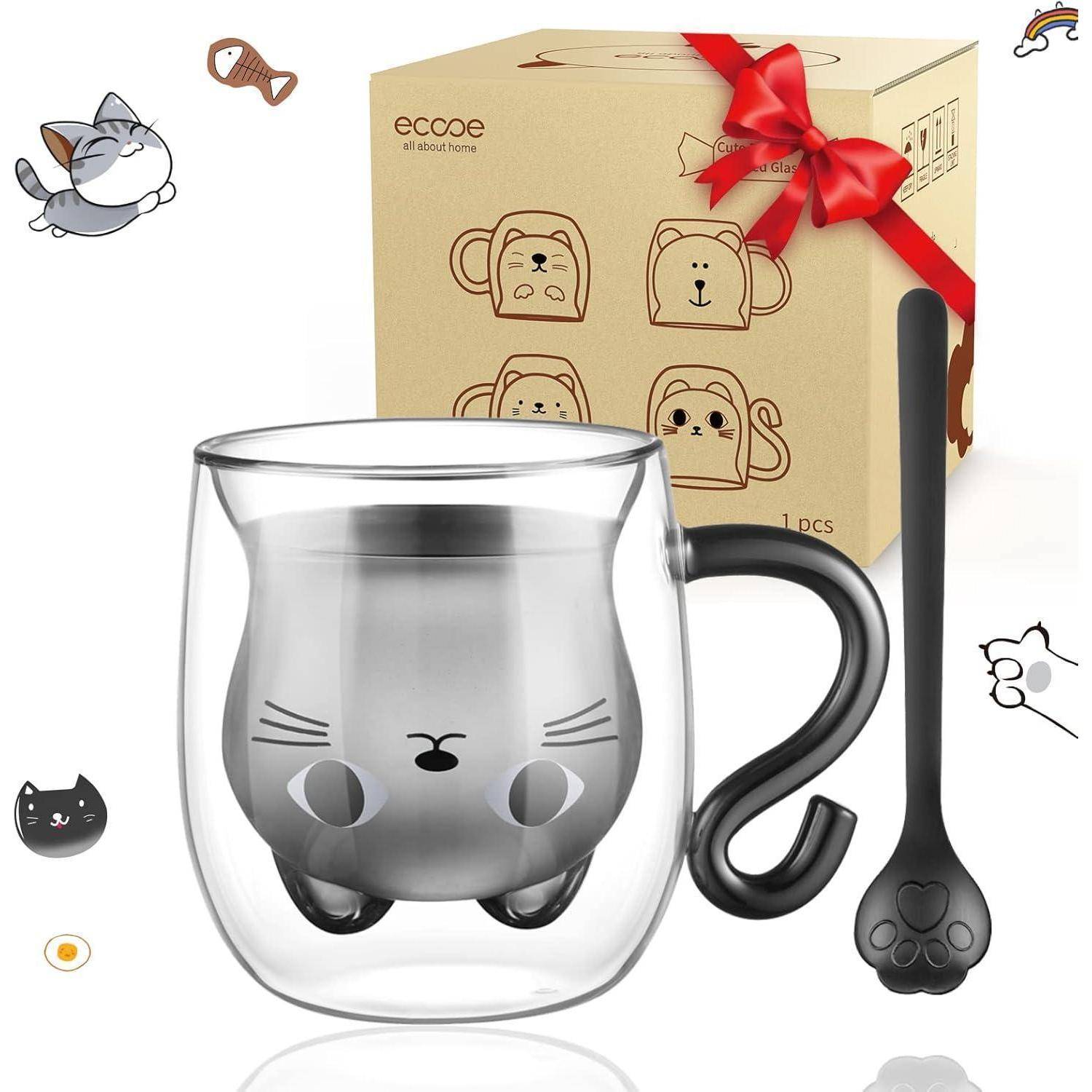 Transparente doppelwandige Katzentasse mit schwarzem Katzenkopf und Pfotendruck-Löffel, gezeigt mit Geschenkbox-Verpackung.
