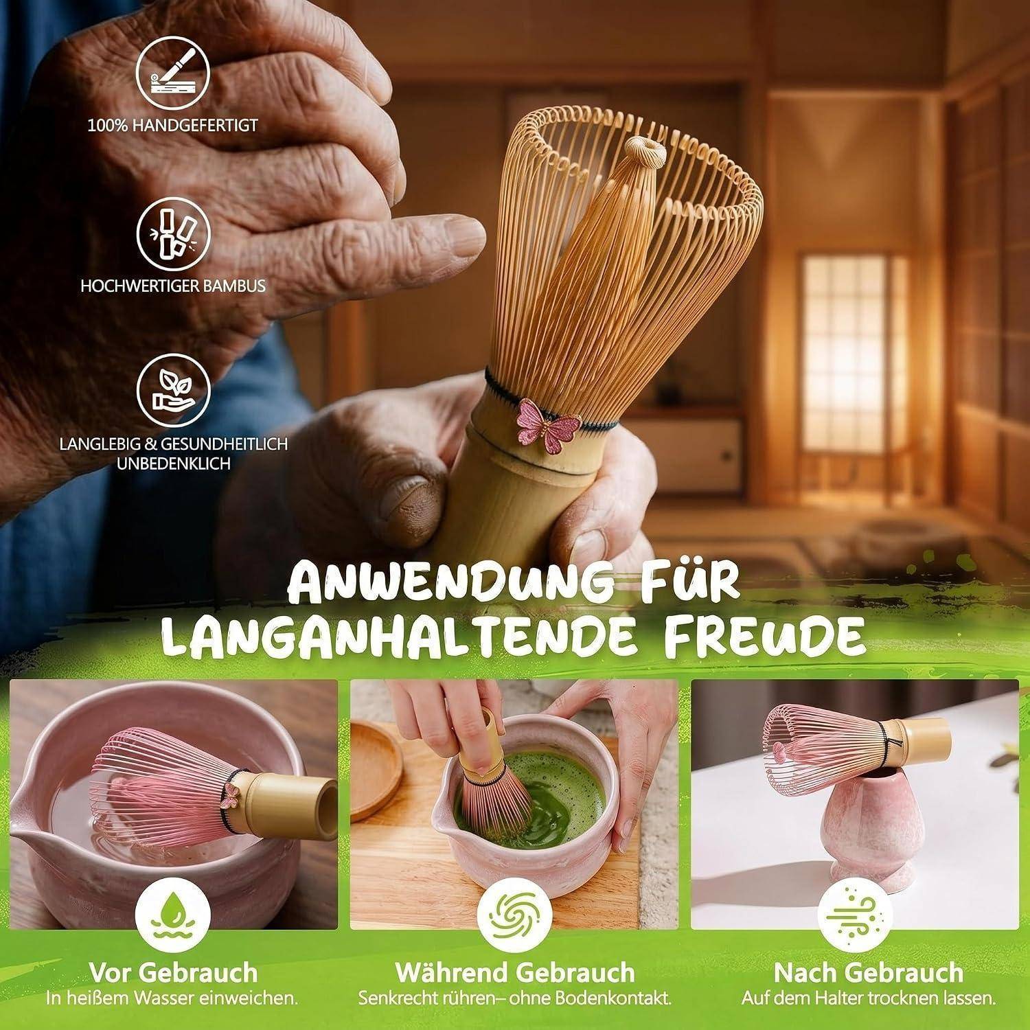 Matcha Set 8-Piece Premium Tea Ceremony Kit with Ceramic Bowl, 100+ Tines Bamboo Whisk (Chasen), Holder, Spoon, Strainer &amp; Cloth (Lila, Lila mit