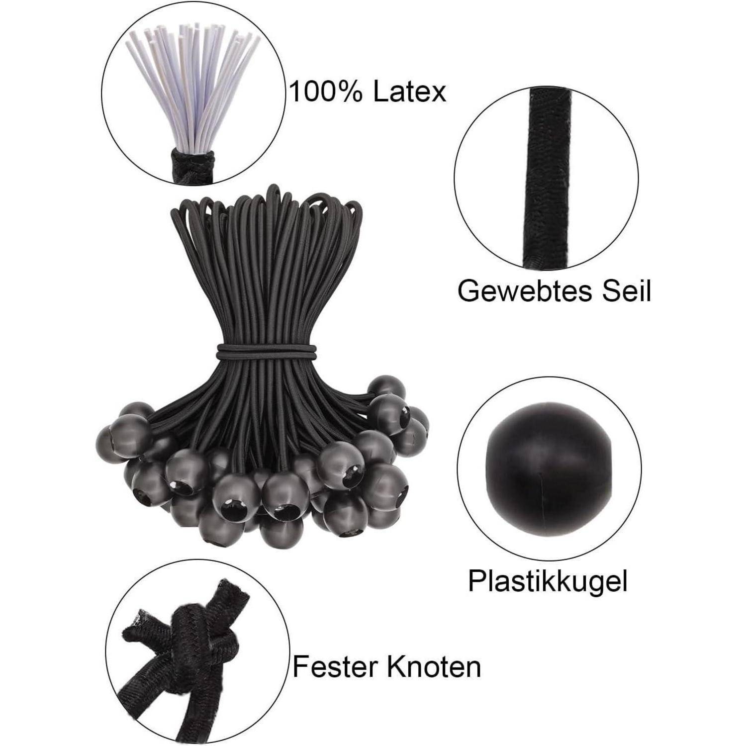 Illustration eines schwarzen Bungee-Seil-Bündels mit Schlaufenenden und Nahaufnahmen mit den Beschriftungen „100% Latex