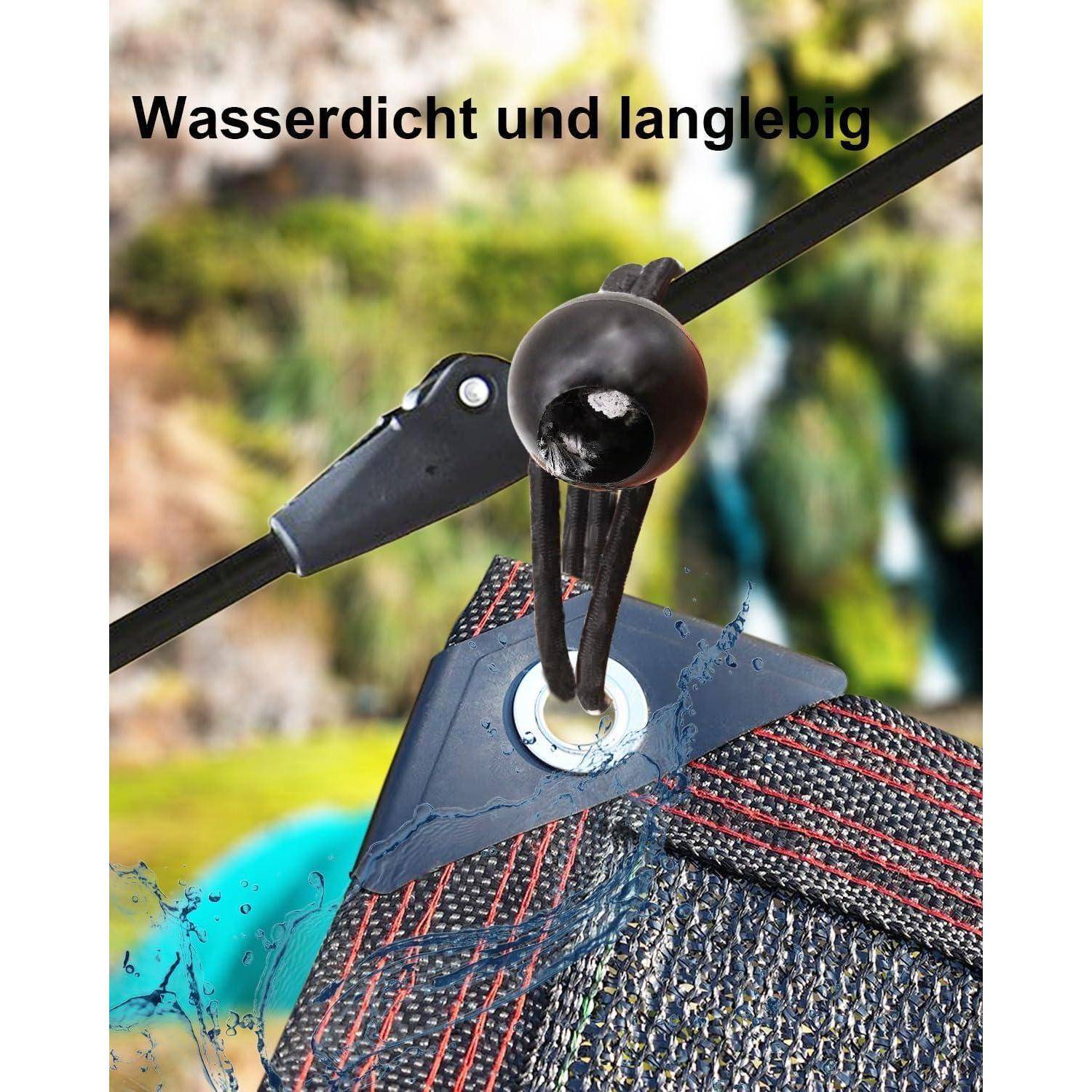 Nahaufnahme eines wasserdichten, langlebigen Zeltverschlusses oder Clips, dargestellt mit spritzendem Wasser herum; der Text lautet „Wasserdicht und langlebig