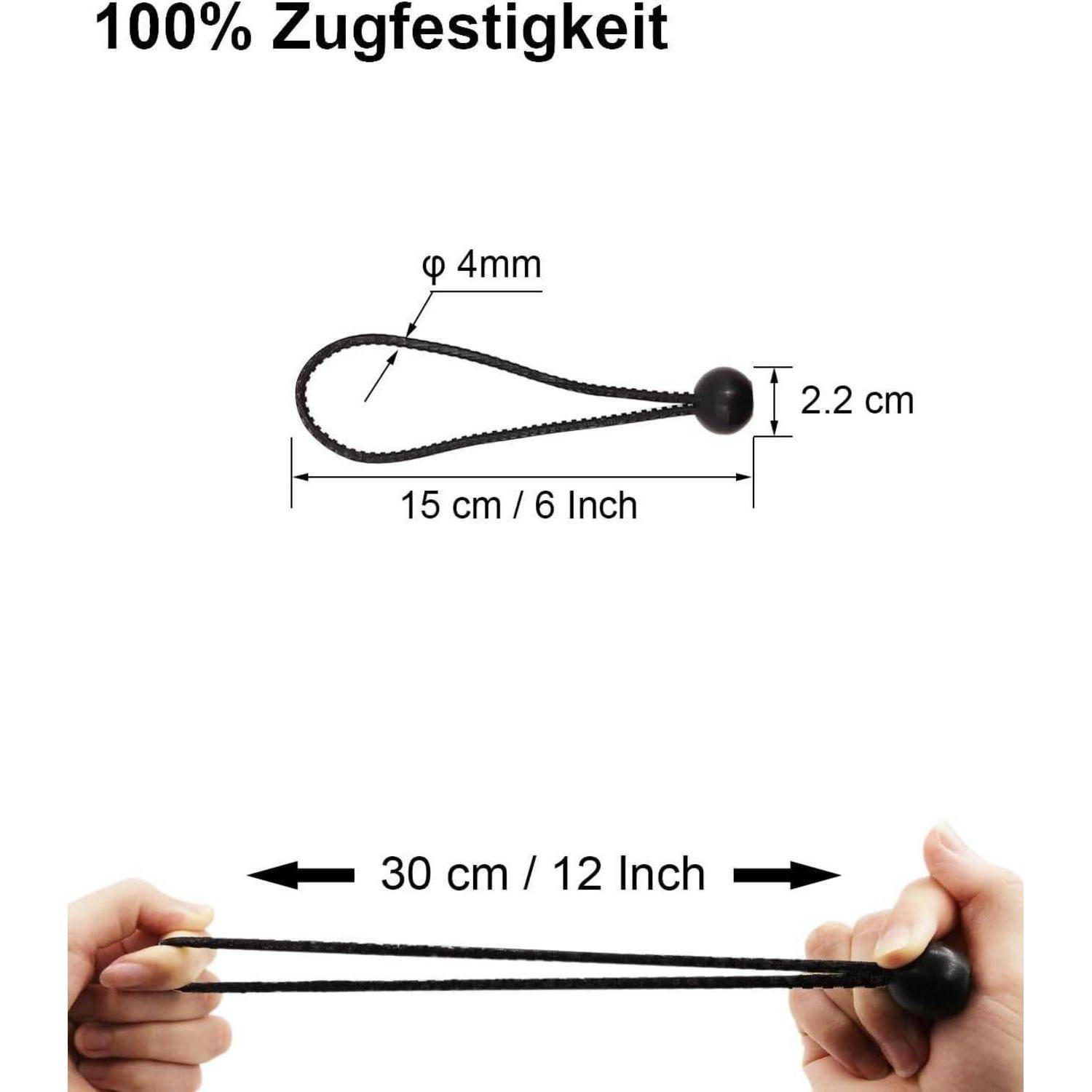 Abbildung einer schwarzen elastischen Schleife mit Kugelenden mit der Bezeichnung „100% Zugfestigkeit