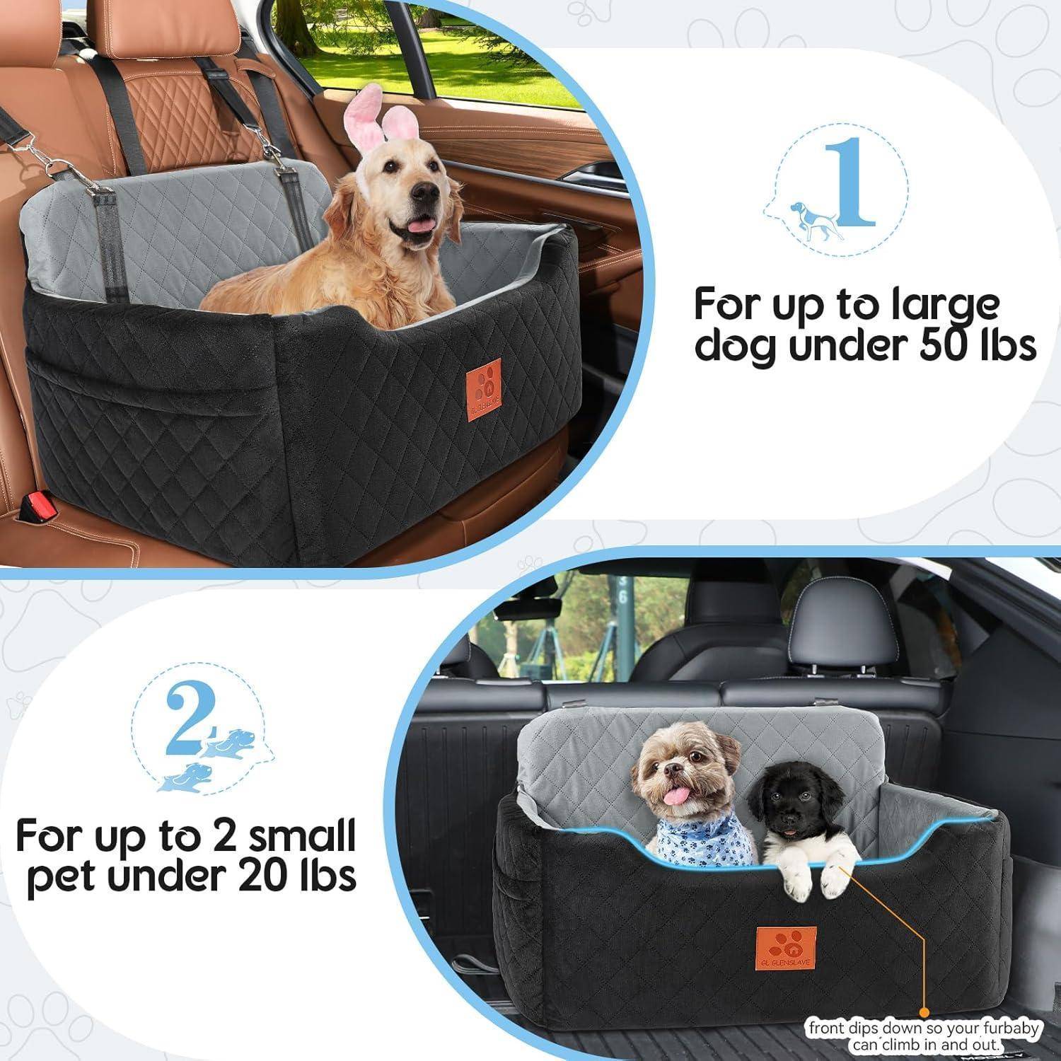 Werbebild mit zwei Autositz-Haustierbefestigungen: eine für einen großen Hund unter 50 Pfund und eine für bis zu zwei kleine Haustiere unter 20 Pfund.