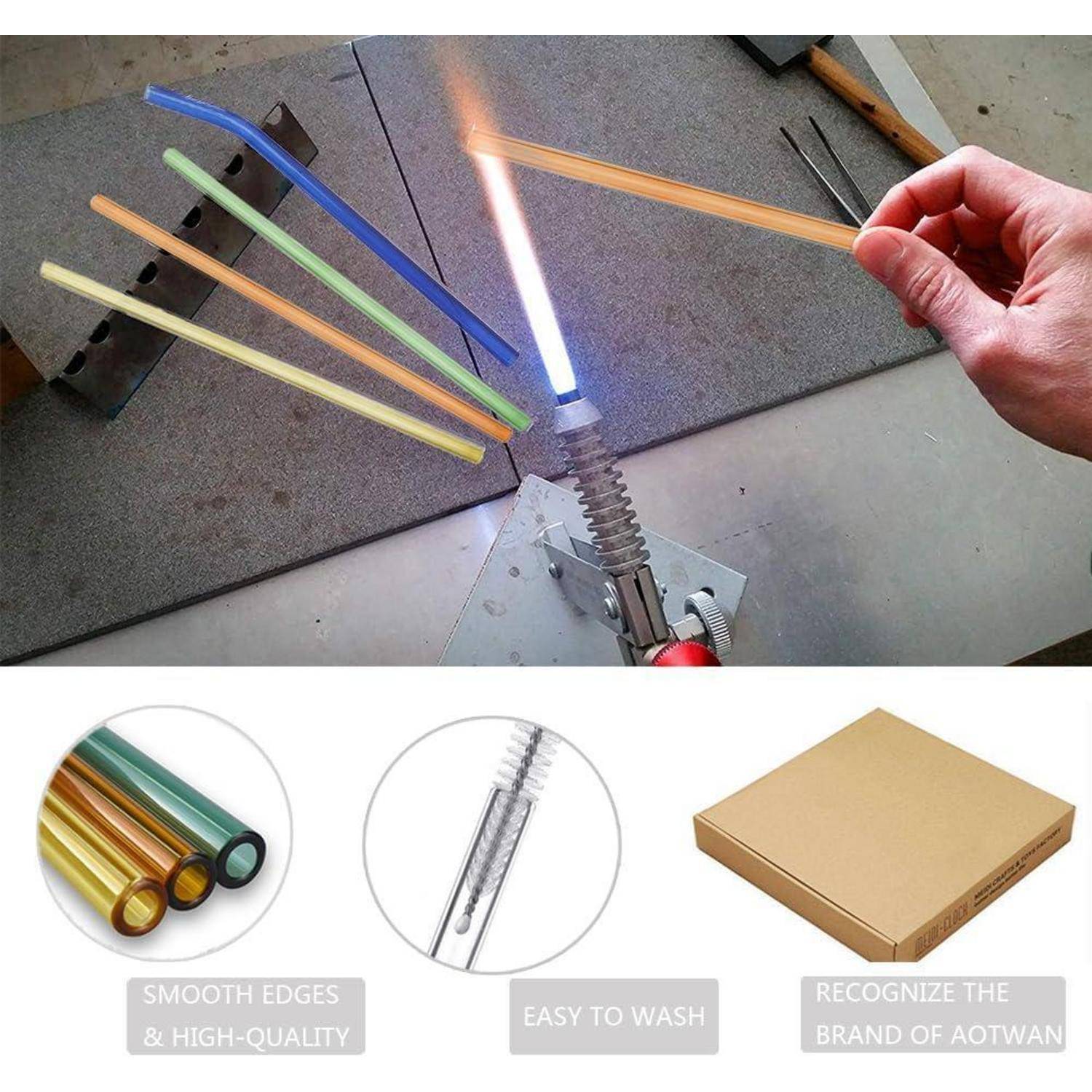 Sortierte farbige Glasstäbe, die in einer Flamme erhitzt und von Hand gebogen werden, mit Produktbildern darunter, die glatte Kanten, einfaches Waschen und Verpackungsbox zeigen.