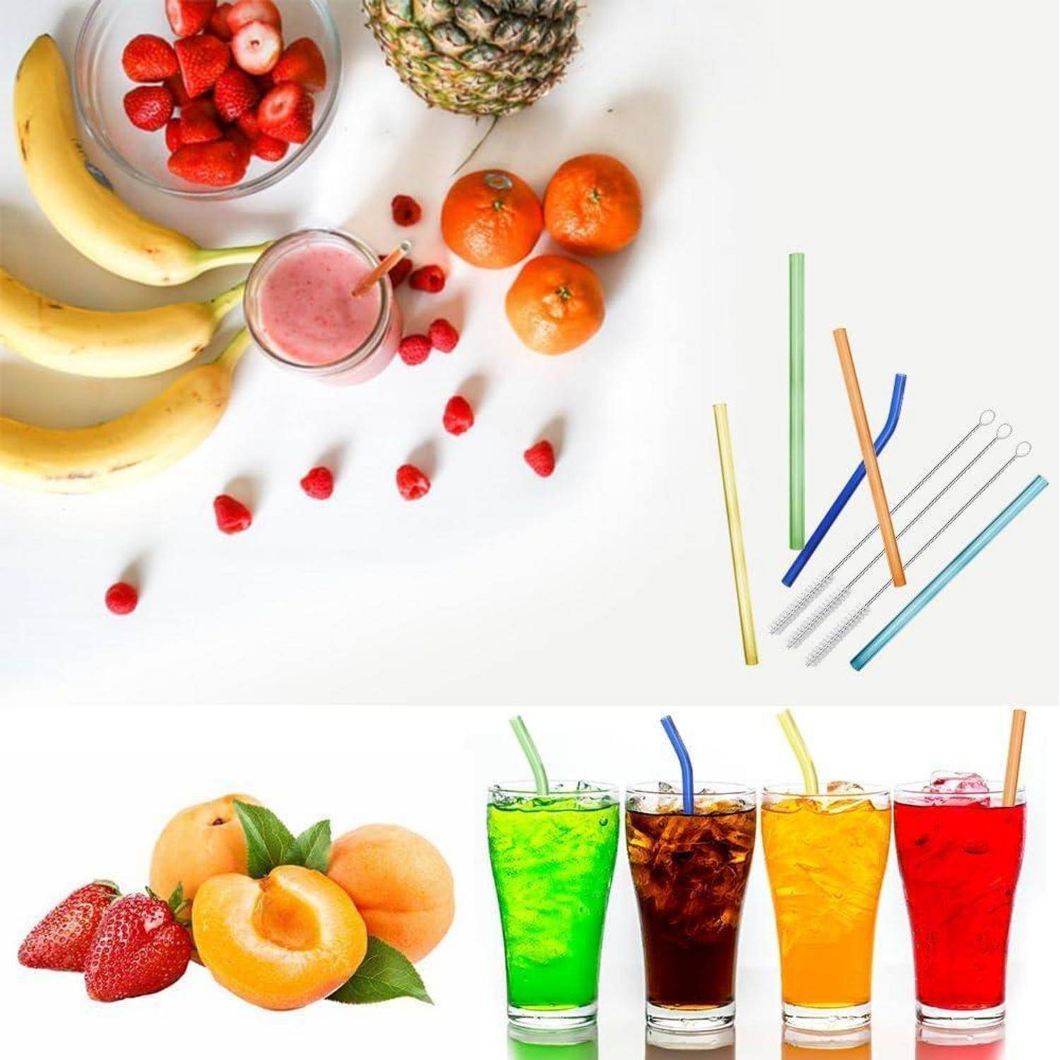Collage aus frischem Obst und farbenfrohen Getränken mit wiederverwendbaren Strohhalmen, mit Bananen, Erdbeeren, Ananas, Orangen, Himbeeren, Smoothies und Softdrinks.