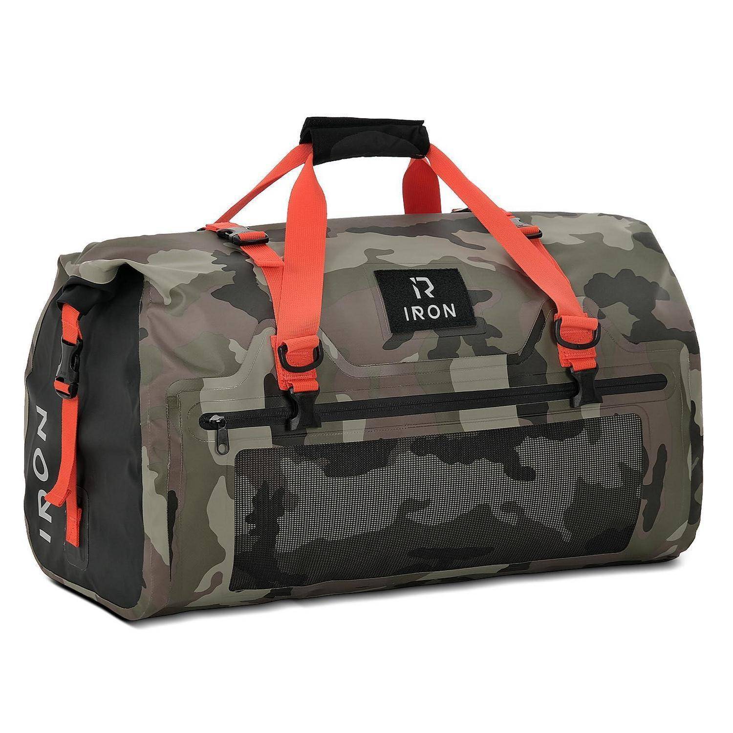 Tarntarnrucksack mit orangefarbenen Griffen, Seitentasche und schwarzem „IRON