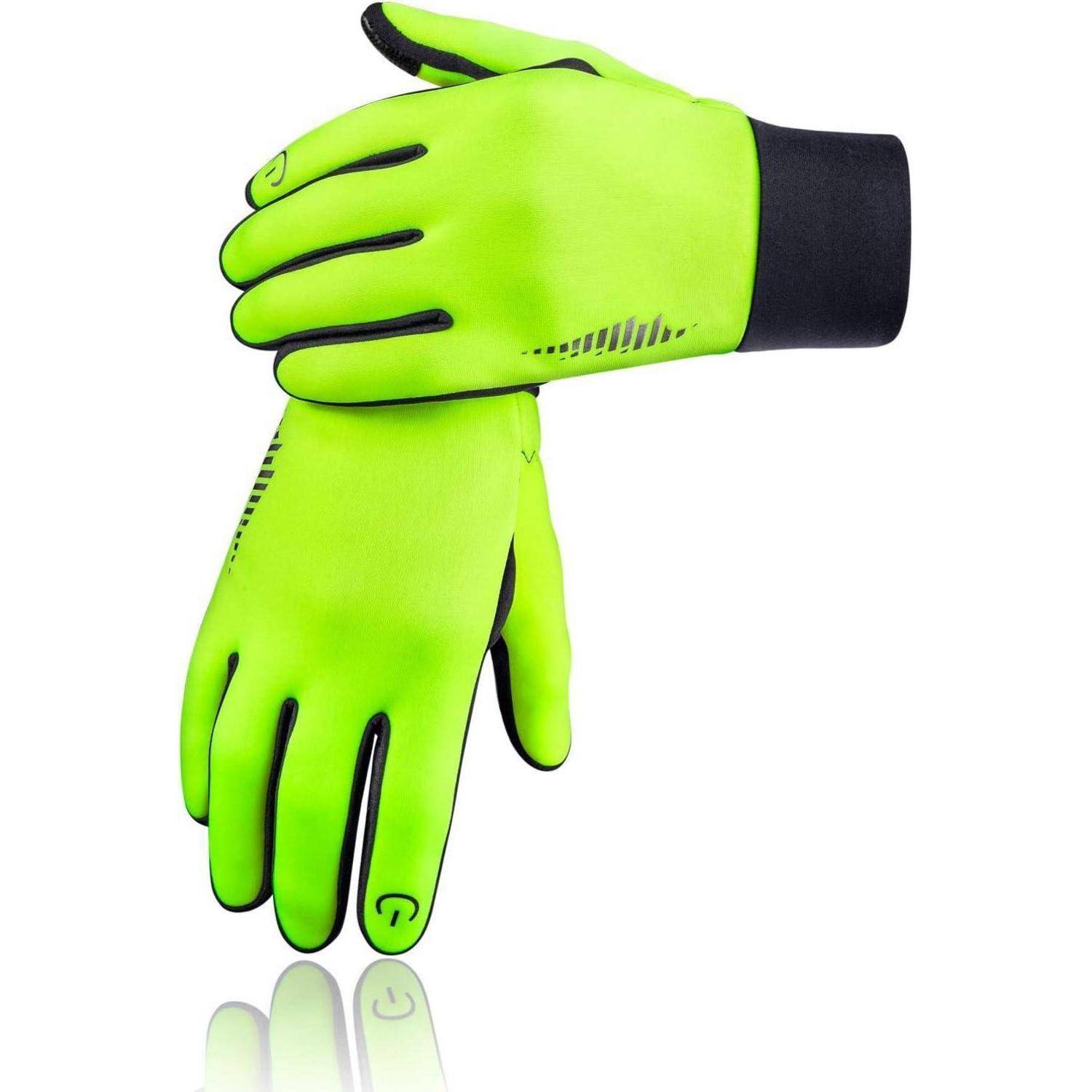 Paar neongrüne Handschuhe mit schwarzem Rand, gestapelt auf weißem Hintergrund gezeigt.
