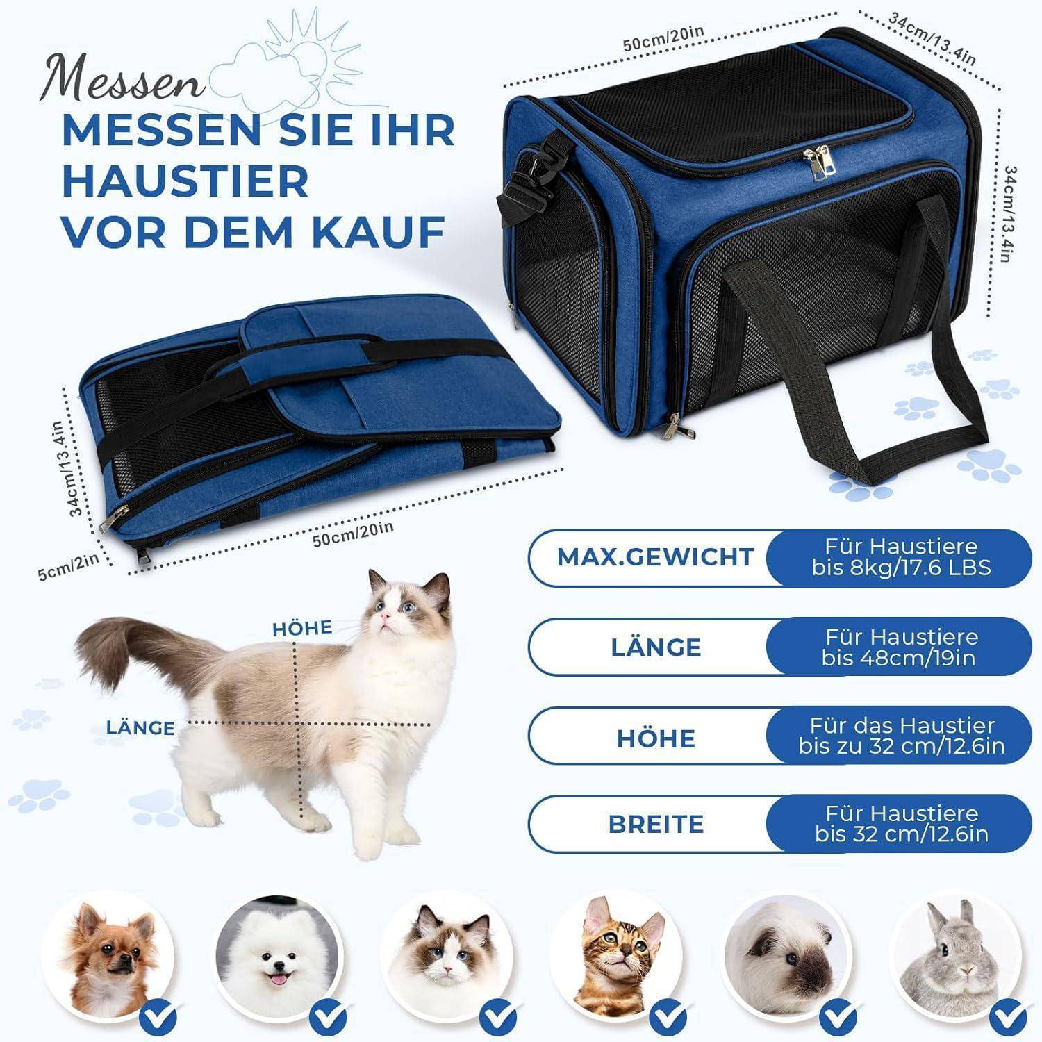 Transporttasche für Katze Hund, Hundetransportbox, Faltbare Katzentransportbox, tragbar, 5kg Katzen Hunde Tragebox, für mittelgroße Hunde, Katze (D
