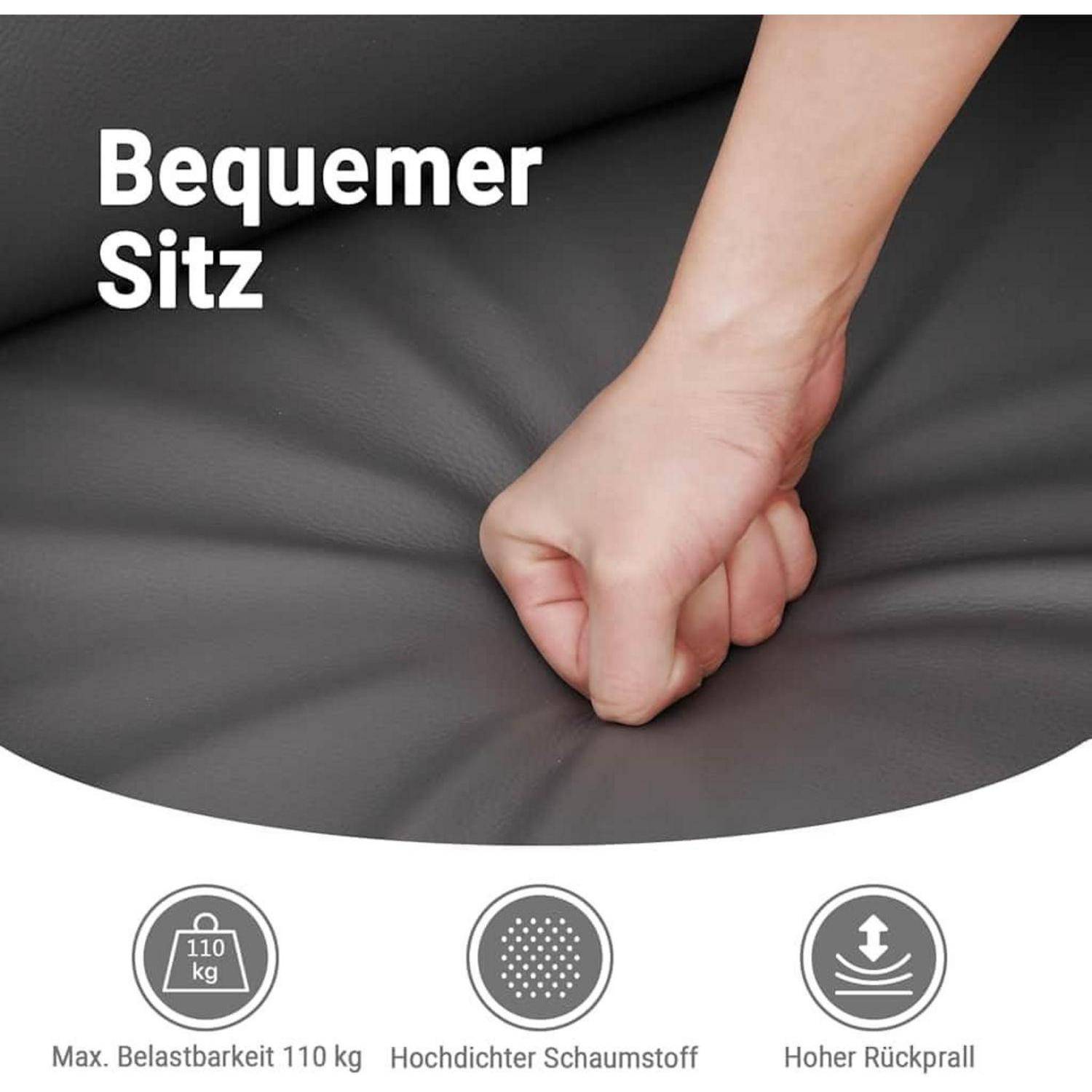 Hand drückt auf einen gepolsterten Sitz; Text sagt „Bequemer Sitz
