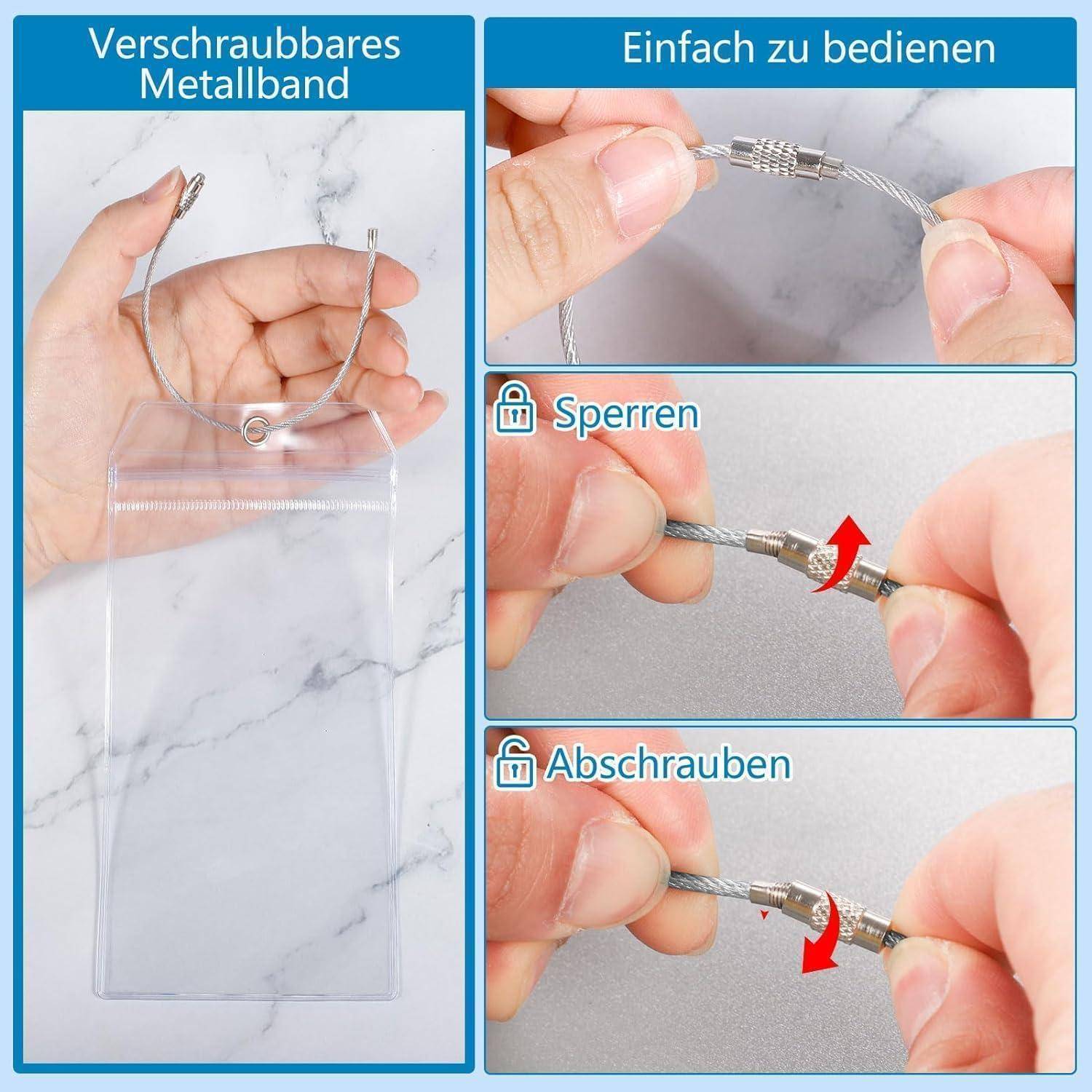 Collage mit einer durchsichtigen Tasche mit verschraubbarem Metallkabelsiegel und drei Nahaufnahmen, die zeigen, wie man es verriegelt und abschraubt; deutsche Beschriftungen lauten „Verschraubbares Metallband", „Einfach zu bedienen"", „Sperren"" und „Abschrauben"".