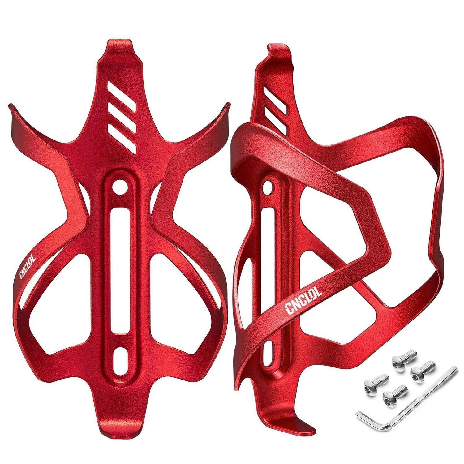 Rotes Aluminium-Fahrrad-Wasserflaschenhalter in Front- und Seitenansicht, mit Befestigungsschrauben und Innensechskantschlüssel im Lieferumfang enthalten.