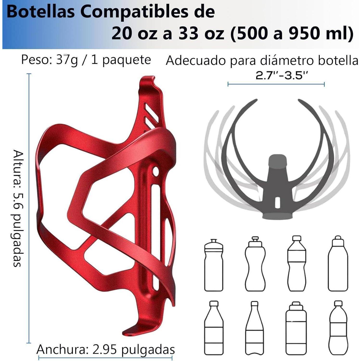Illustration eines roten verstellbaren Fahrrad-Wasserflaschenhalters, kompatibel mit 20 oder 33 oz Flaschen; zeigt Abmessungen, Gewicht und Kompatibilität mit verschiedenen Flaschengrößen.