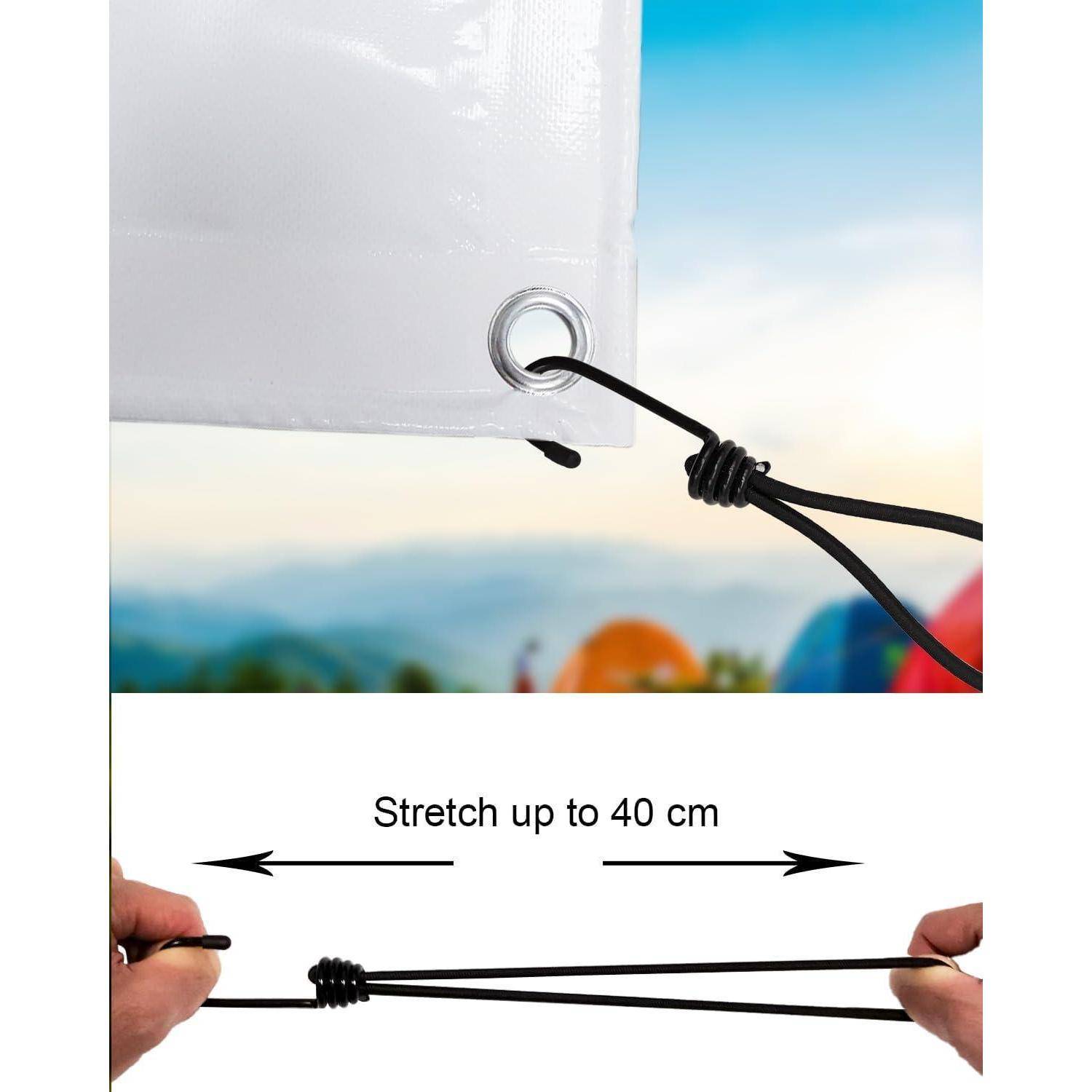 Diagramm, das ein Bungeeseil mit metallischer Öse zeigt, das sich bis zu 40 cm dehnt, in Händen gehalten mit Pfeilen, die maximale Ausdehnung anzeigen.