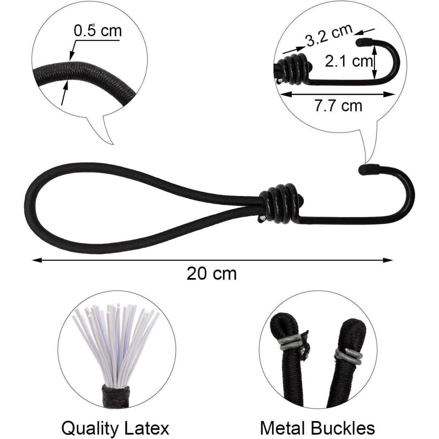 Schwarzes Latexseil mit Metallschnalle, gezeigt mit vergrößerten Darstellungen für Messwerte: 20 cm Länge, 0,5 cm Dicke, 7,7 cm Hakespanne, 3,2 cm und 2,1 cm Abmessungen.
