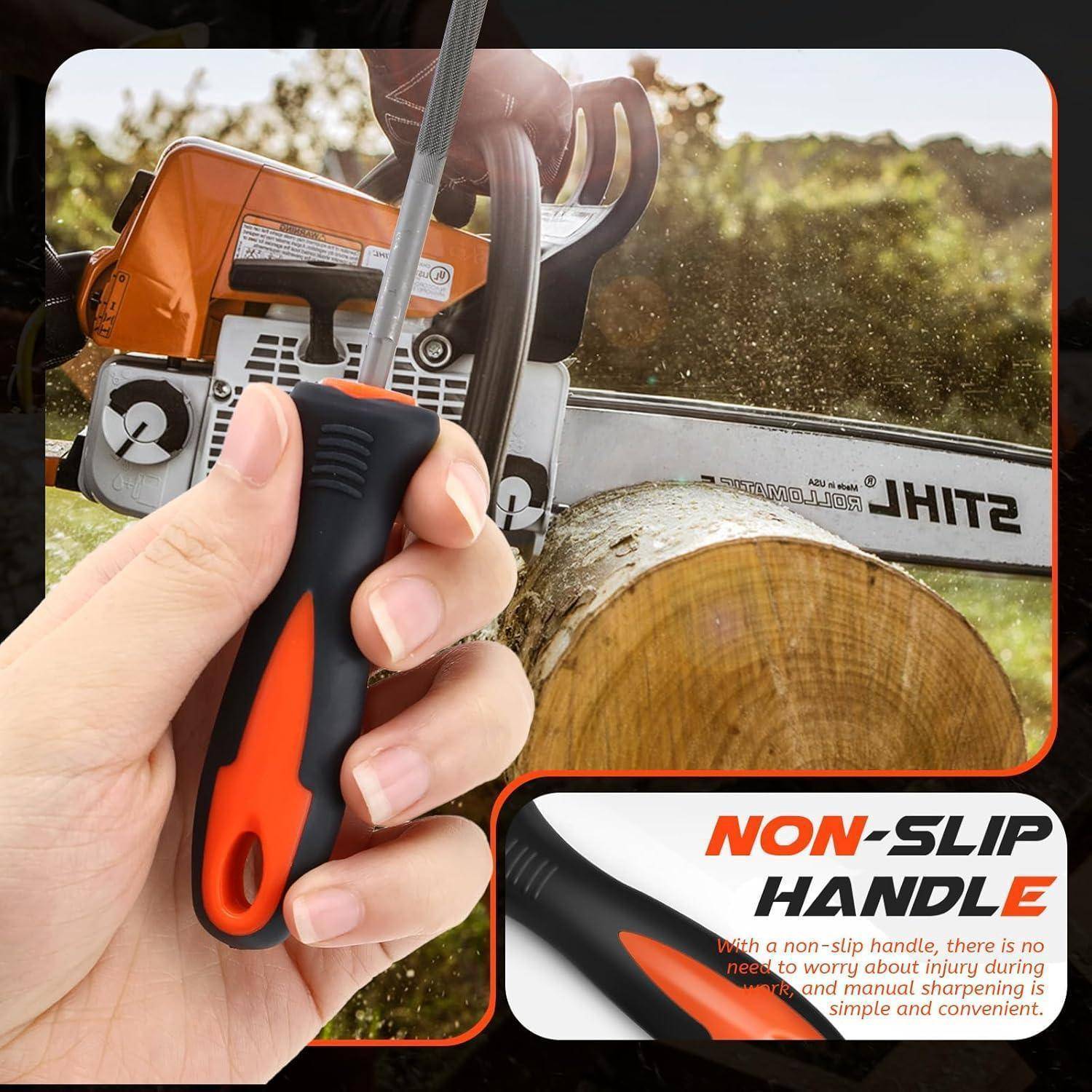Hand hält einen Schraubenzieher vor einer STIHL-Kettensäge und geschnittenem Holzstamm; Inset hebt ein „RUTSCHFESTER GRIFF"-Merkmal hervor.