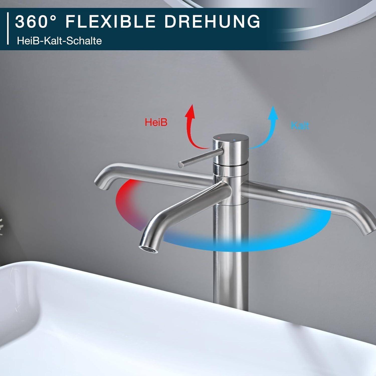 Wasserhahn Bad Hoch DETBOM, Mischbatterie 360°Schwenkbar, Einhebelmischer Mischbatterie Waschbecken Bad für Aufsatzbecken, Warm- und Kaltwasserhähn