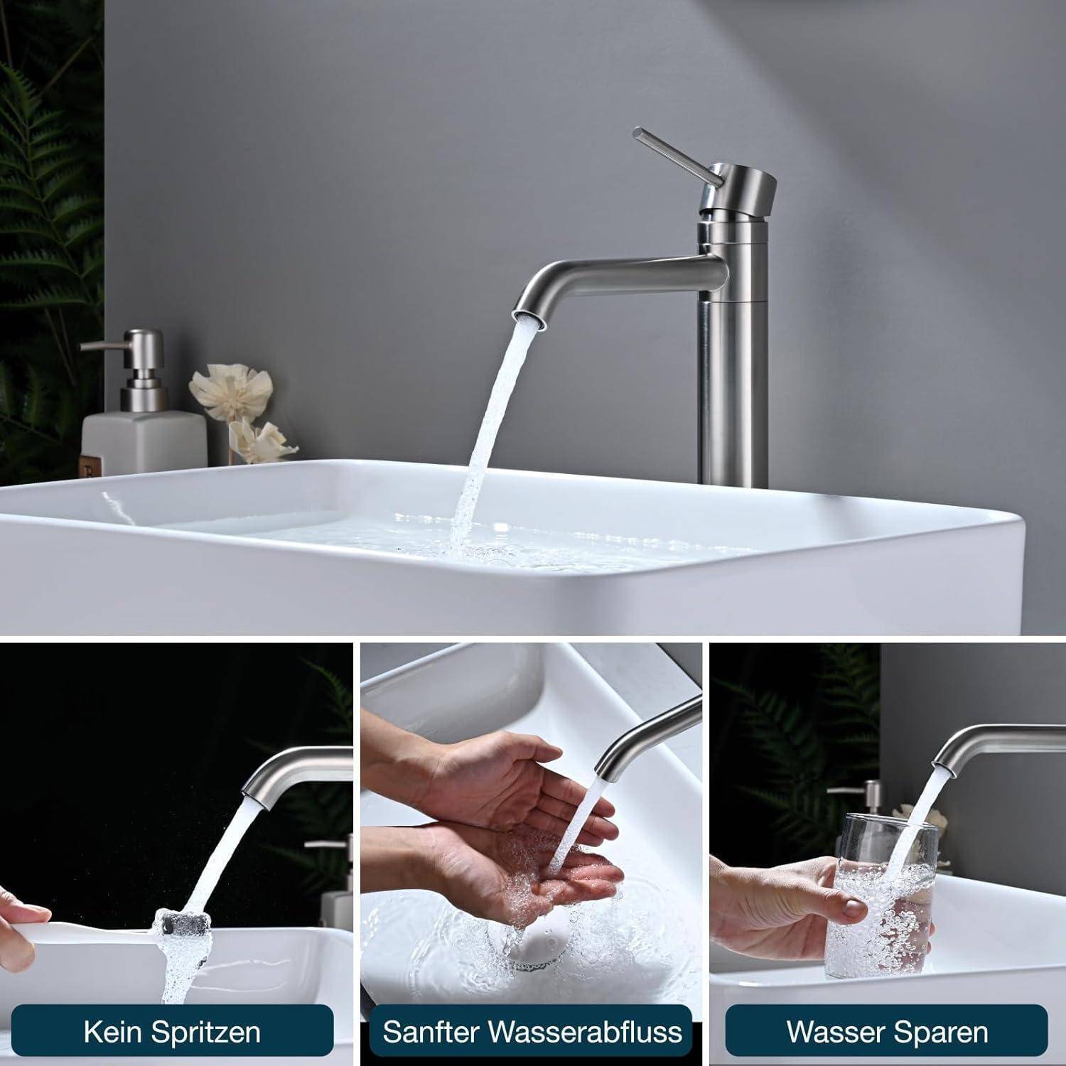 Wasserhahn Bad Hoch DETBOM, Mischbatterie 360°Schwenkbar, Einhebelmischer Mischbatterie Waschbecken Bad für Aufsatzbecken, Warm- und Kaltwasserhähn