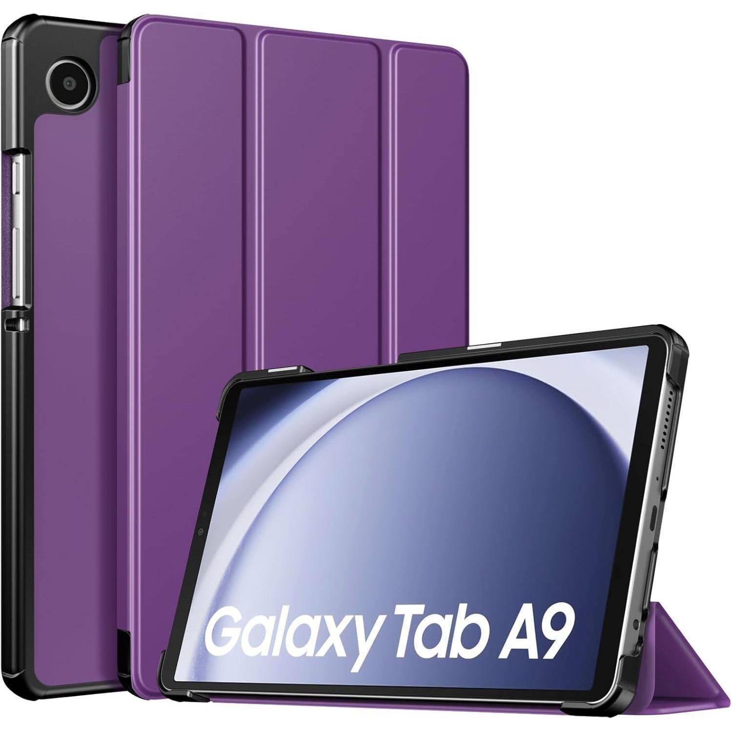 Violettes Samsung Galaxy Tab A9 Tablet-Schutzhülle mit vornerem Cover und Ständer, zeigt den Tablet-Bildschirm und die schützende Rückseite.