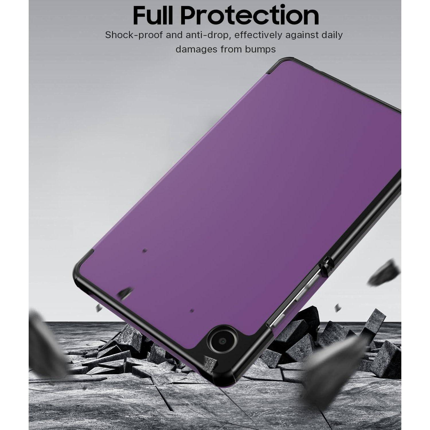 Violettes Smartphone-Gehäuse, dargestellt als „Vollständiger Schutz", stoßfest und sturzresistent gegen alltägliche Stöße, wobei das Telefon erkennbar einem Aufprall auf gerissene Oberfläche standhält.