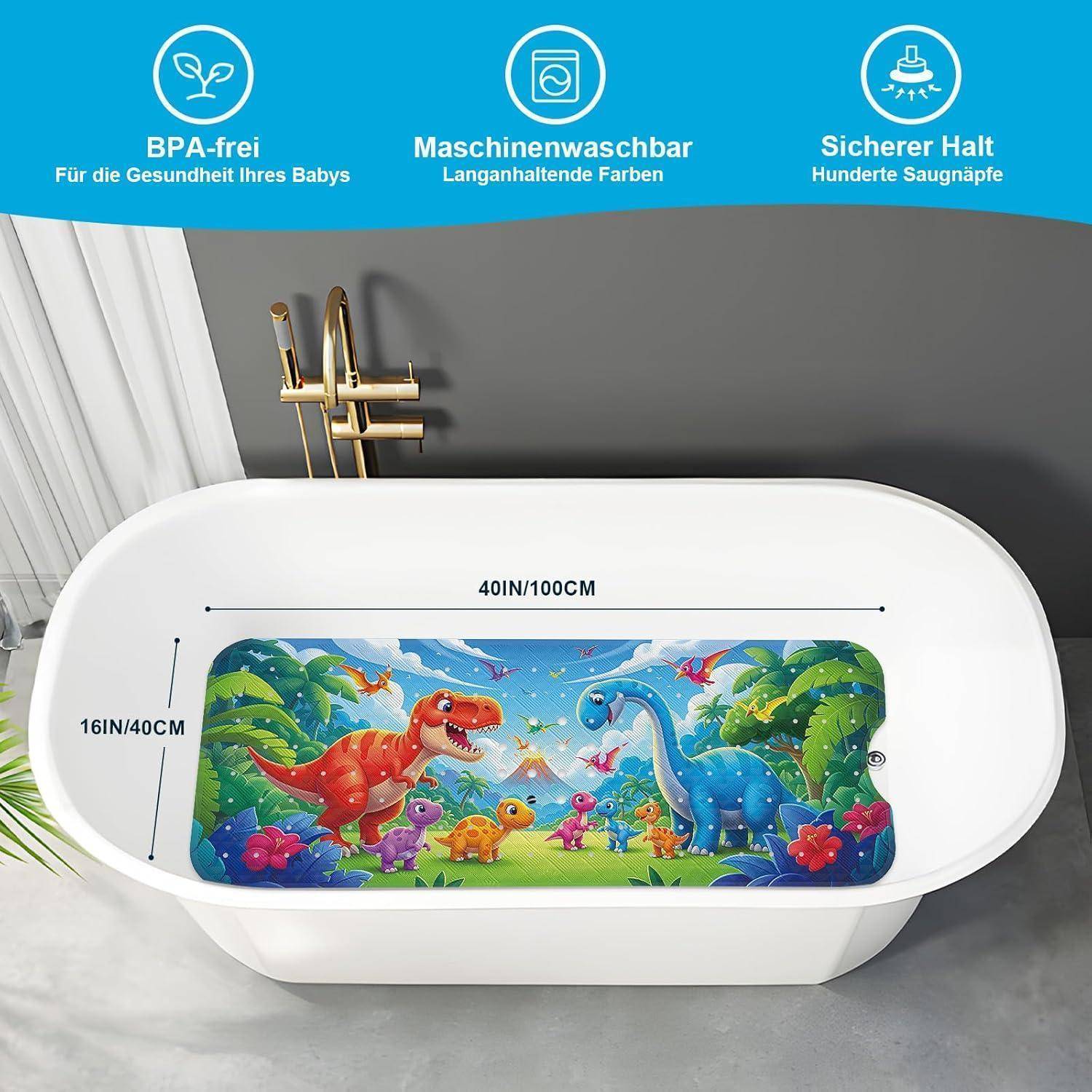 Weiße ovale Badewanne mit farbenfrohem Dinosaurier-Szenen-Einsatz; Produktgrafik zeigt BPA-frei, maschinell waschbar, sicherer Halt und Größe 40 x 16 Zoll (100 x 40 cm).