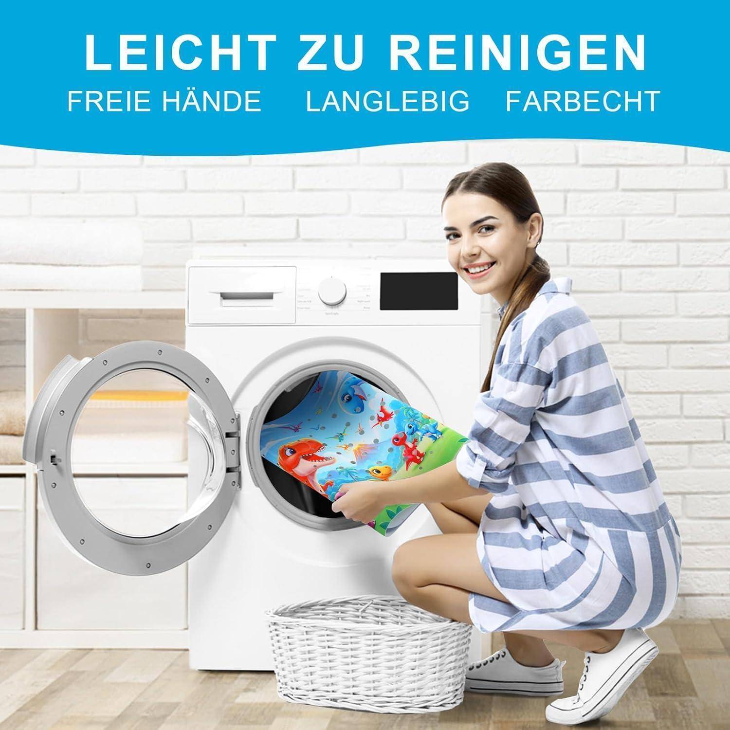 Frau lädt bunte Stoffe in eine Frontlader-Waschmaschine; deutscher Text sagt „LEICHT ZU REINIGEN