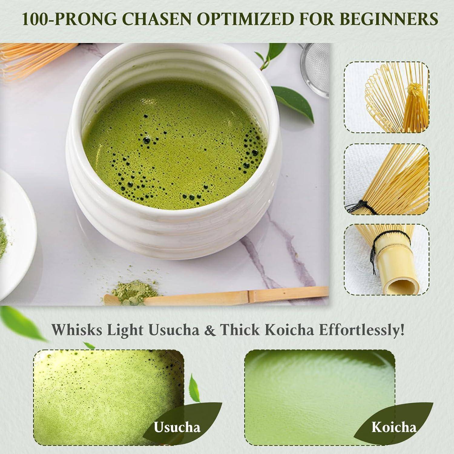 Werbegraphik für einen "100-Zahn-Chasen"" mit einem Bambus-Schneebesen und einer Matcha-Schale, mit beschrifteten Beispielen für gerührte Usucha- und Koicha-Ergebnisse.