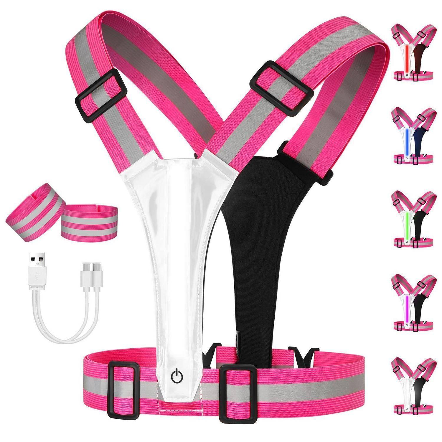 Rosa und grau LED-Sicherheitswarnweste mit verstellbaren Riemen, USB-Ladekabel, Armbänder und mehrere Lichtfarbenoptionen wie rechts abgebildet gezeigt.