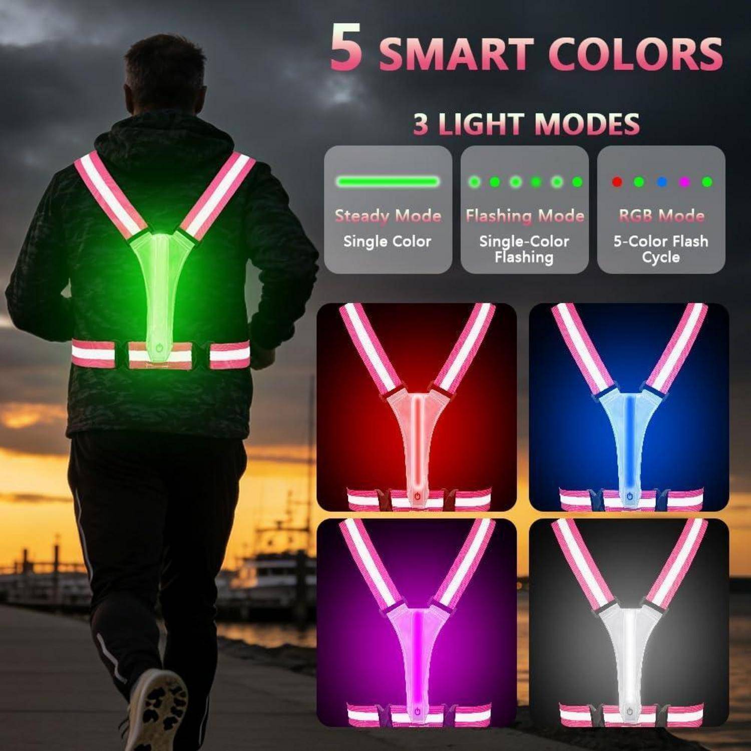 Person trägt eine leuchtende LED-Sicherheitsweste in der Dämmerung, die 5 Farben und 3 Lichtmodi zeigt: Dauerlicht, Blinklicht und RGB-Zyklus.