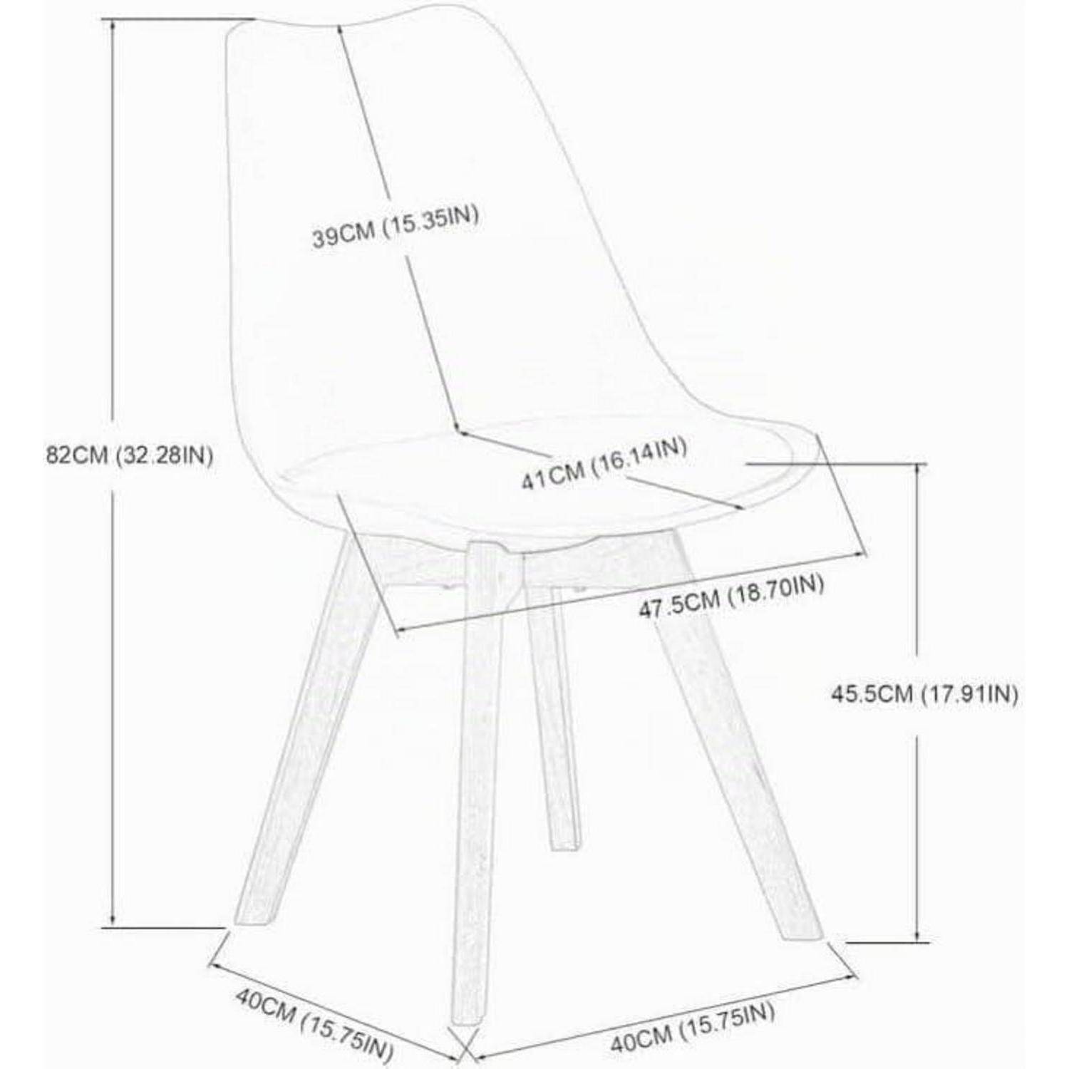 Beschriftetes Stuhldiagramm mit Sitz- und Gesamtmaßen: 82 cm Höhe, 39 cm Rückenlehne, 41 cm Sitztiefe, 47,5 cm Breite, 45,5 cm Sitzhöhe, 40 cm Beinabstand.
