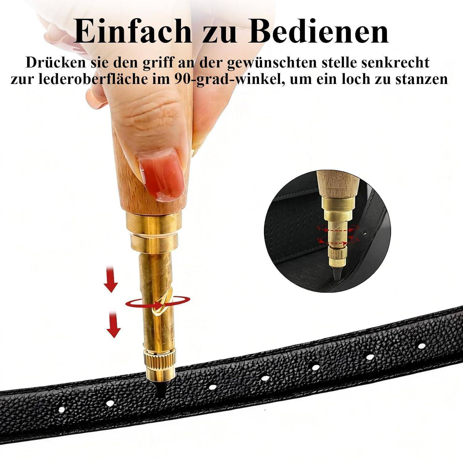 Bedienungsanleitung für die Lederlochzange: Die Hand verwendet eine Lederlochzange in einem 90-Grad-Winkel auf einem Gürtel, mit deutschen Texten und Pfeilen, die vertikalen Druck anzeigen.