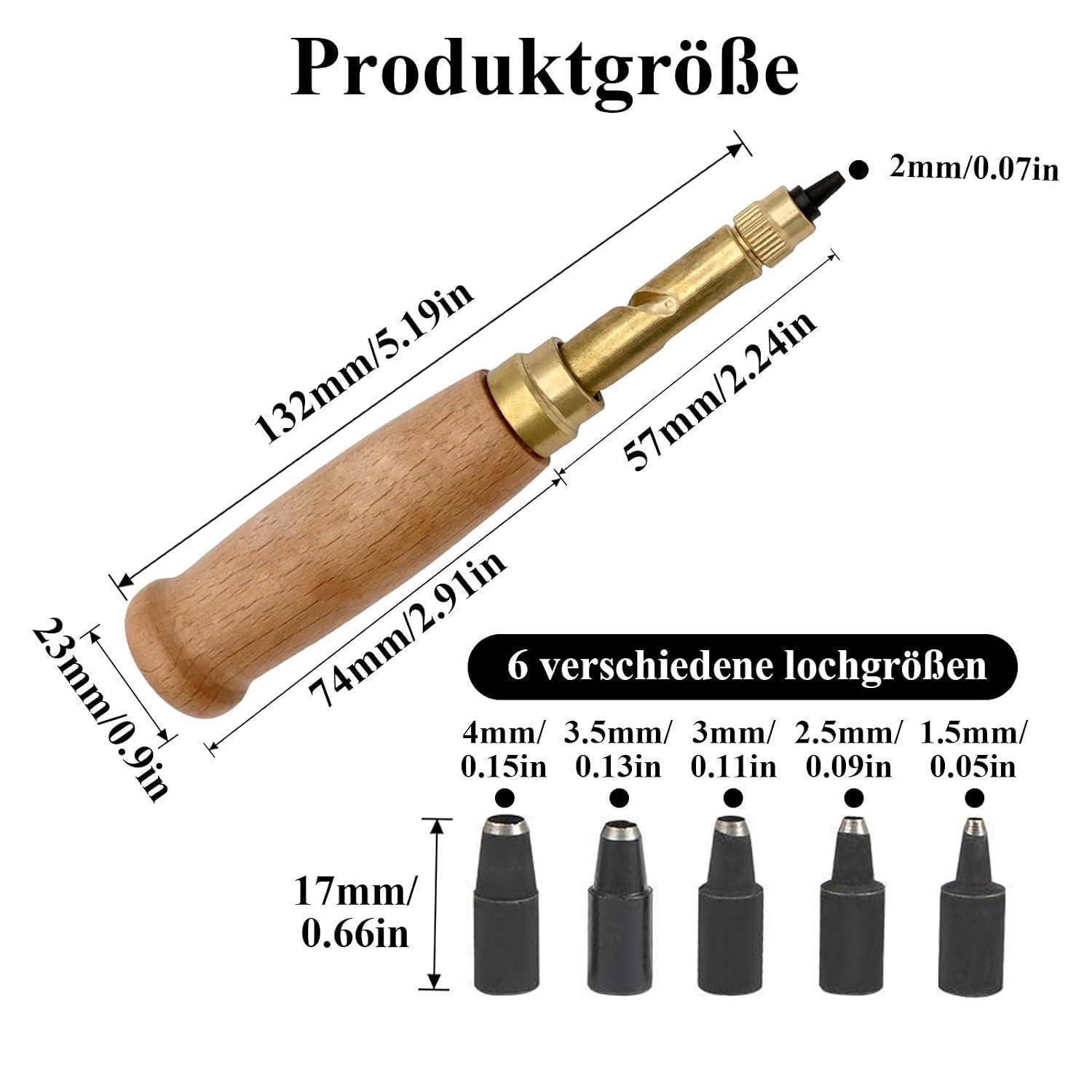 Produktgrößendiagramm eines Werkzeugs mit Holzgriff, 132 mm lang und 23 mm breit, mit 6 austauschbaren Düsengrößen: 4 mm, 3,5 mm, 3 mm, 2,5 mm, 1,5 mm.