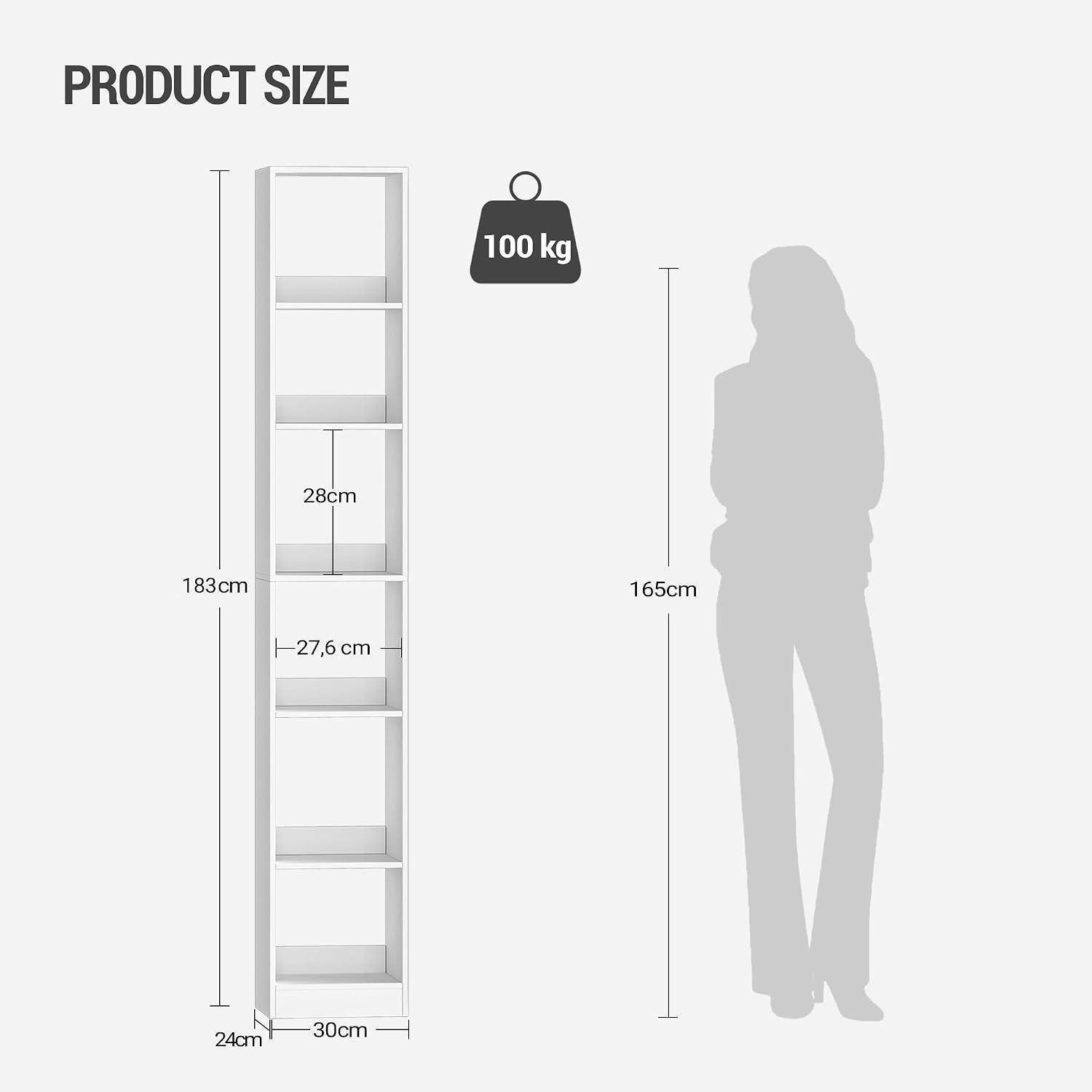 Produktgrößendiagramm eines hohen weißen Regals: 183 cm hoch, 30 cm breit, 24 cm tief, mit einer Tragfähigkeit von 100 kg und einer 165 cm großen menschlichen Silhouette als Größenvergleich.