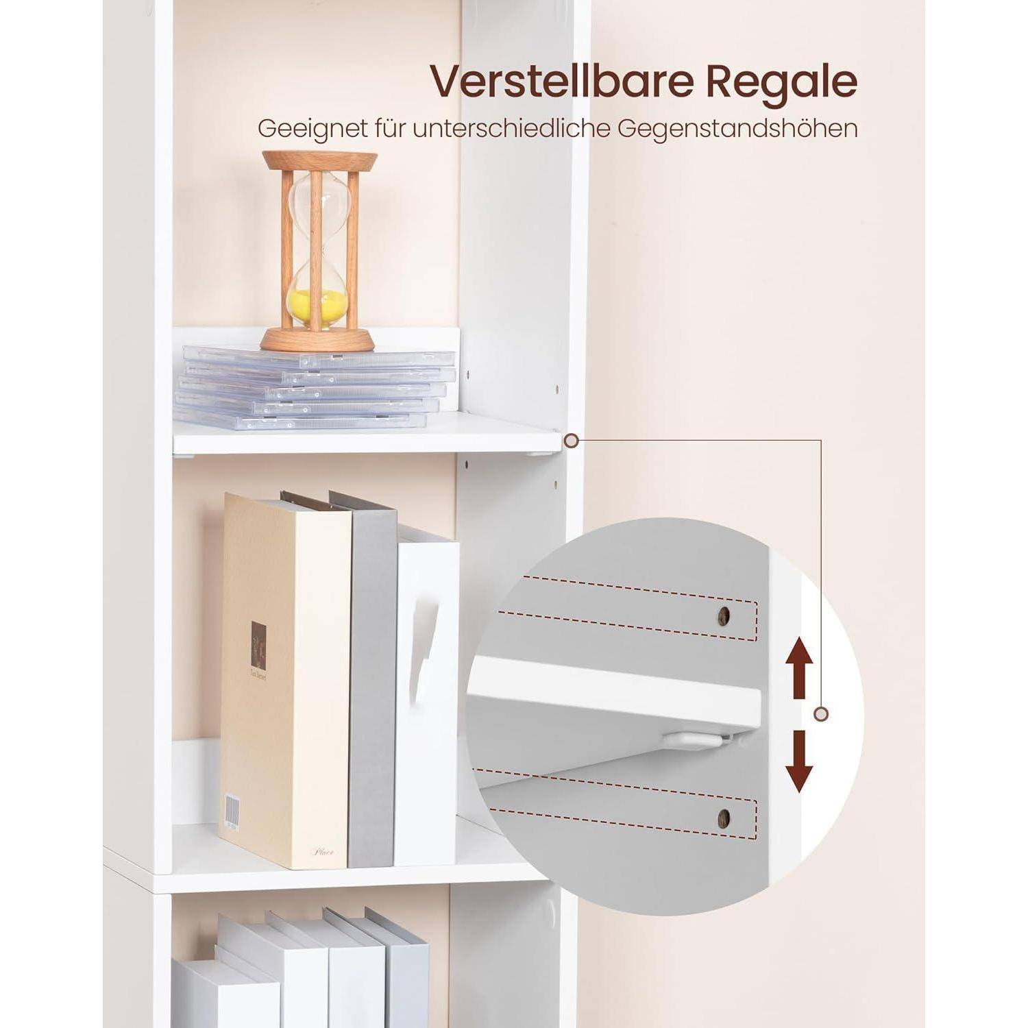 Anzeige für verstellbare Regale in einem weißen Lagerschrank mit deutschem Text „Verstellbare Regale