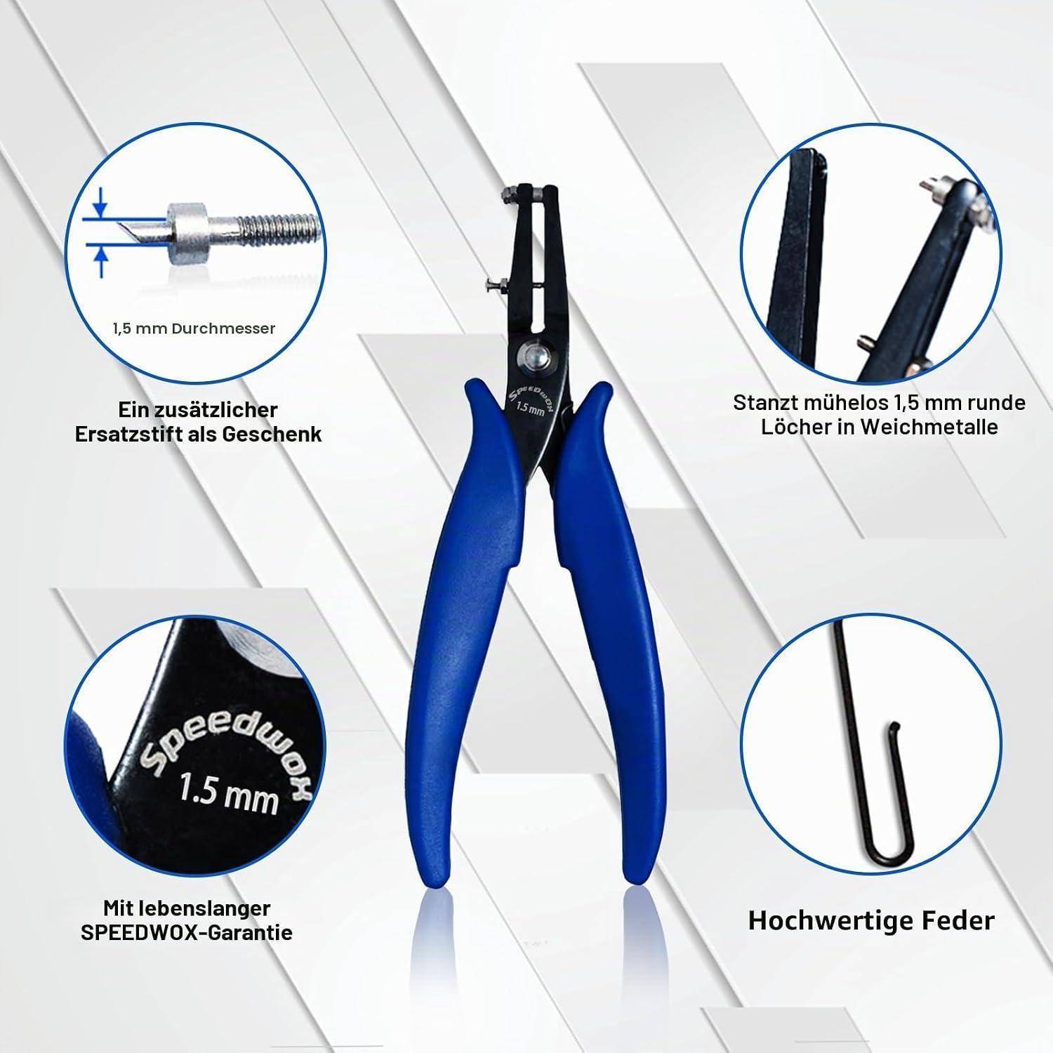 Produktbild von Lochwerkzeugen mit blauem Griff und deutschen Beschriftungen: 1,5 mm Austauschstift, stanzt 1,5 mm runde Löcher in Weichmetall, lebenslange Speedwox-Garantie und eine hochwertige Feder.