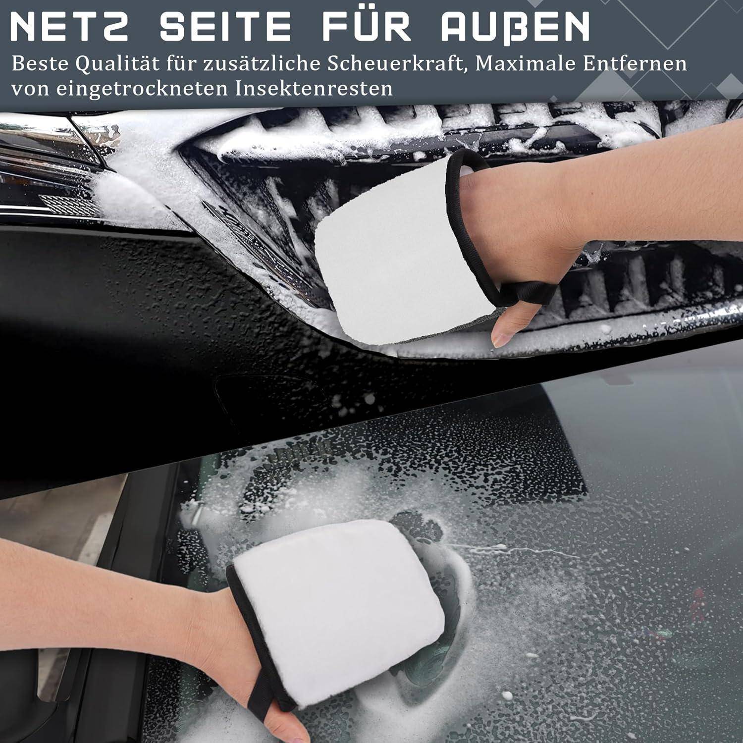 Person putzt eine Autoscheibe mit einer weißen Scheuermittel bedeckt mit Schaum; der Text sagt 'NETZ SEITE FÜR AUBEN' und bewirbt zusätzliche Scheuerkraft für getrocknete Insektenrückstände.