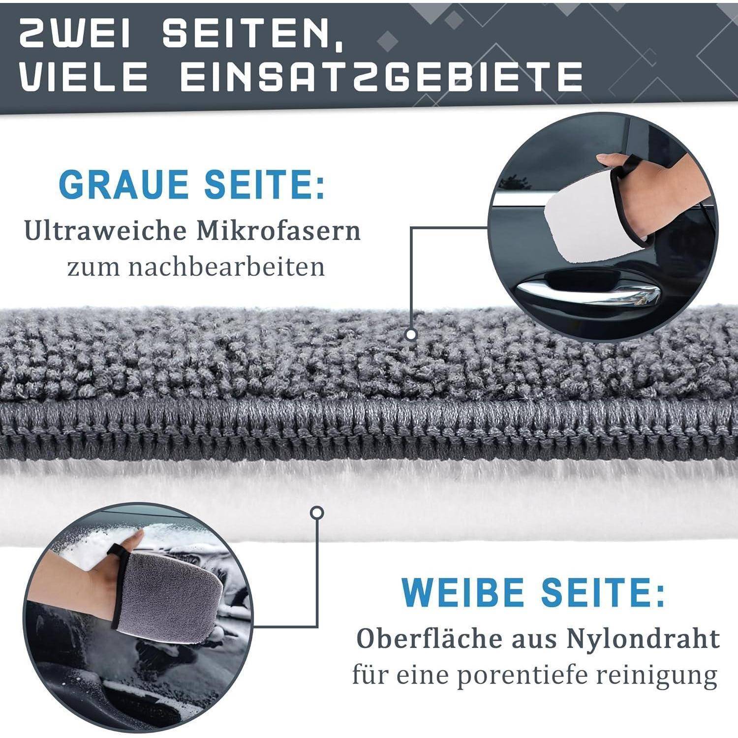 Deutsches Infografik-Bild einer Mikrofaser-Reinigungstuch: graue Seite zum extra-weichen Polieren und weiße Seite mit Nylonfaden zur gründlichen Reinigung.