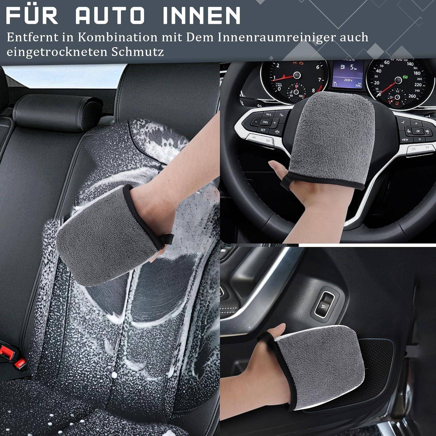 Werbebild einer grauen Mikrofaser-Autoreinigungs-Handschuh, die zum Schrubben von Sitzen, Lenkrad und Türverkleidung verwendet wird; der Text besagt „FÜR AUTO INNEN