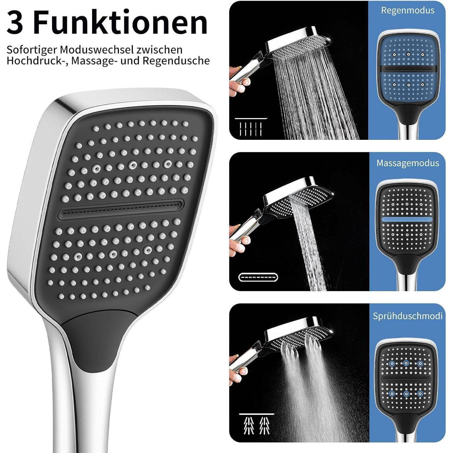 Duschkopf mit 3 Funktionen und schnellem Moduswechsel: Regen, Massage und Spray; Bilder zeigen jedes Wassermuster und das Design des Duschkopfes.