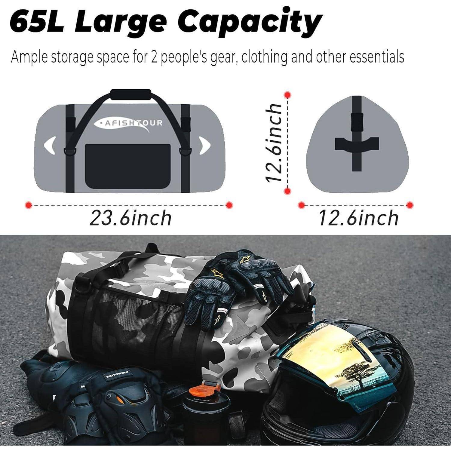 Infografik einer 65-L-Reisetasche mit den Abmessungen 23,6 x 12,6 x 12,6 Zoll und Beispiel gepackt mit Ausrüstung für zwei Personen.