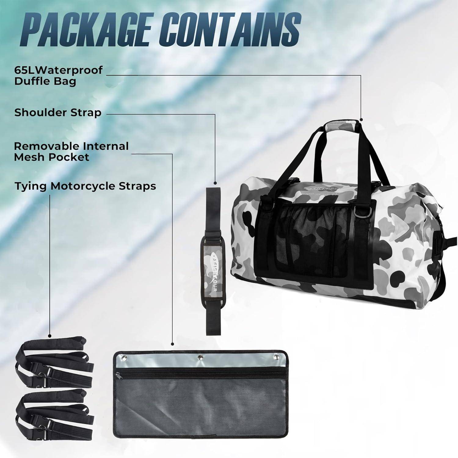 Diagramm einer 65L wasserdichten Reisetasche mit Darstellung der Tasche, des Schultergurts, der abnehmbaren inneren Netztasche und der Motorrad-Spanngurte.