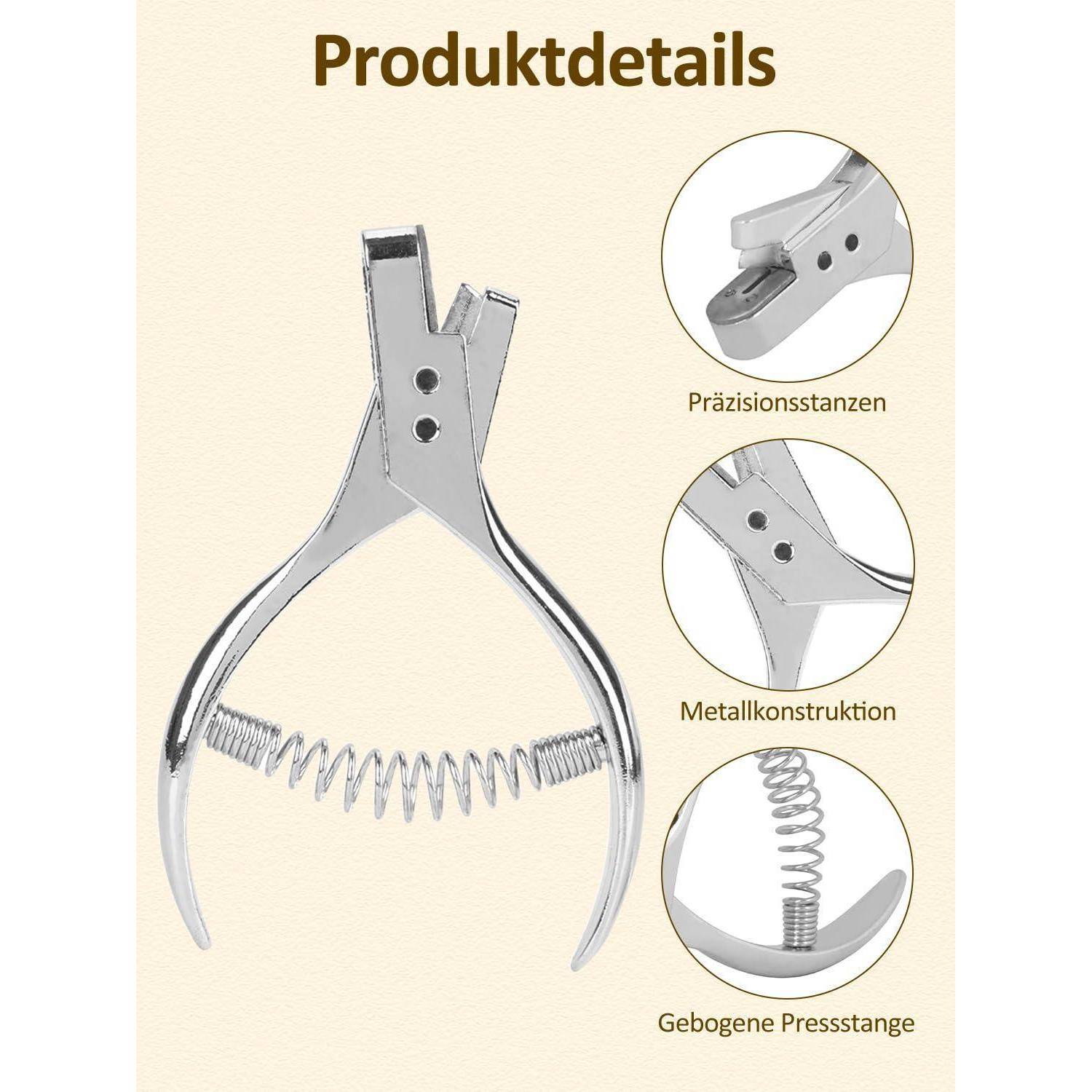 Produktdetails für ein Metall-Federspannwerkzeug mit Präzisionsklemmen, Metallkonstruktion und einem gebogenen Druckfedermechanismus.