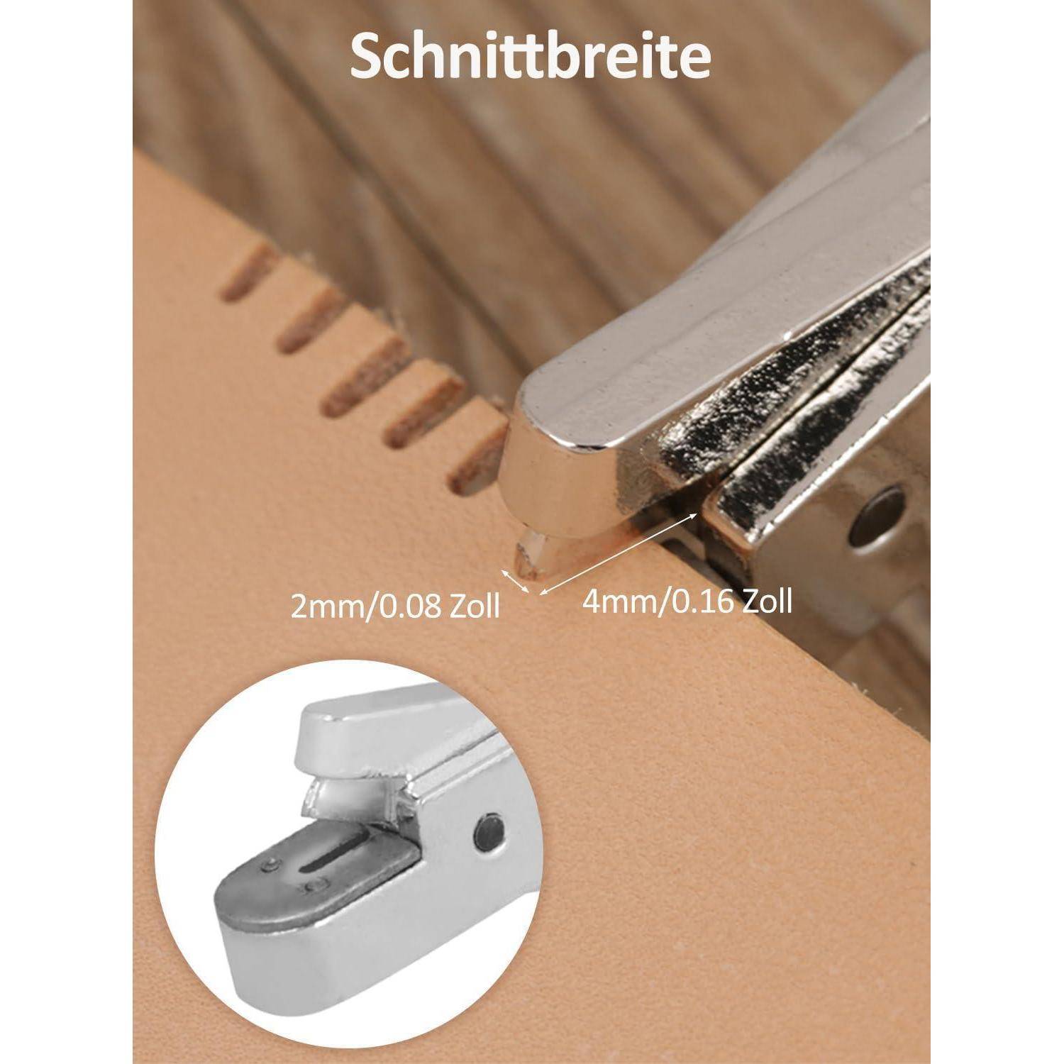 Nahaufnahme eines Lederkantenwerkzeugs, das schmale Nuten schneidet, beschriftet mit „Schnittbreite" mit Breitenoptionen von 2mm/0,08 Zoll und 4mm/0,16 Zoll.