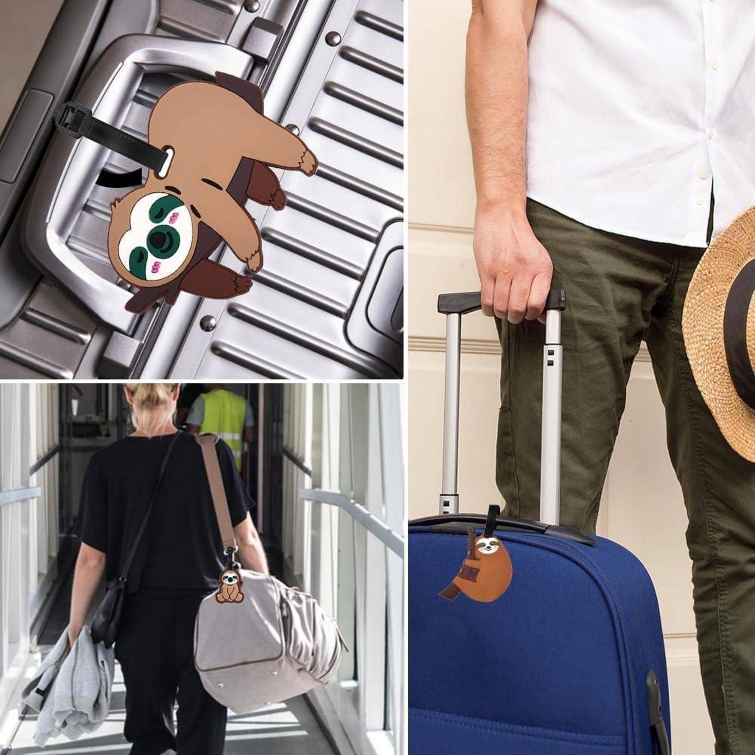 Faulheits-Gepäckanhänger, die an Koffern und einer Reisetasche befestigt sind, helfen Reisenden, Taschen auf einem Flughafenkarussell, getragenen Koffer und einer Schultertasche zu identifizieren.