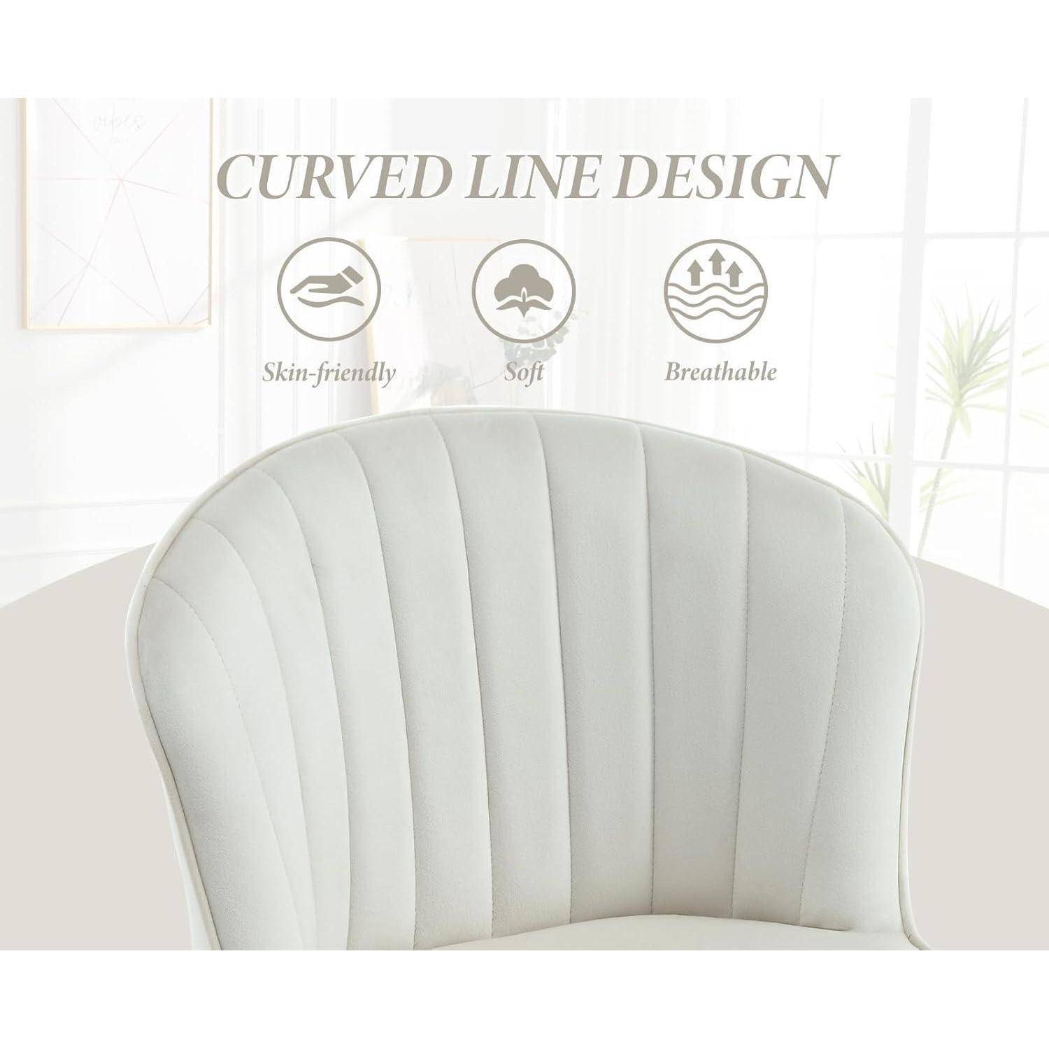 Nahaufnahme der Rückenlehne eines hell gepolsterten Stuhls mit der Bezeichnung „CURVED LINE DESIGN