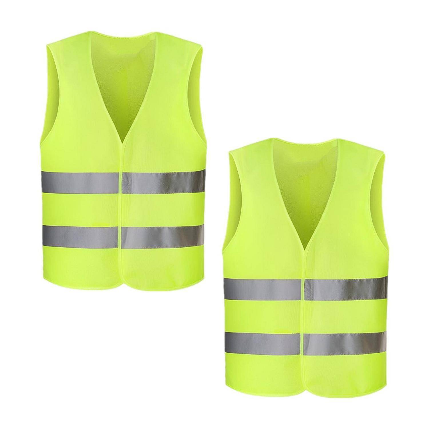 Zwei neonorange Sicherheitswesten mit reflektierenden silbernen Streifen, frontal vor weißem Hintergrund gezeigt.