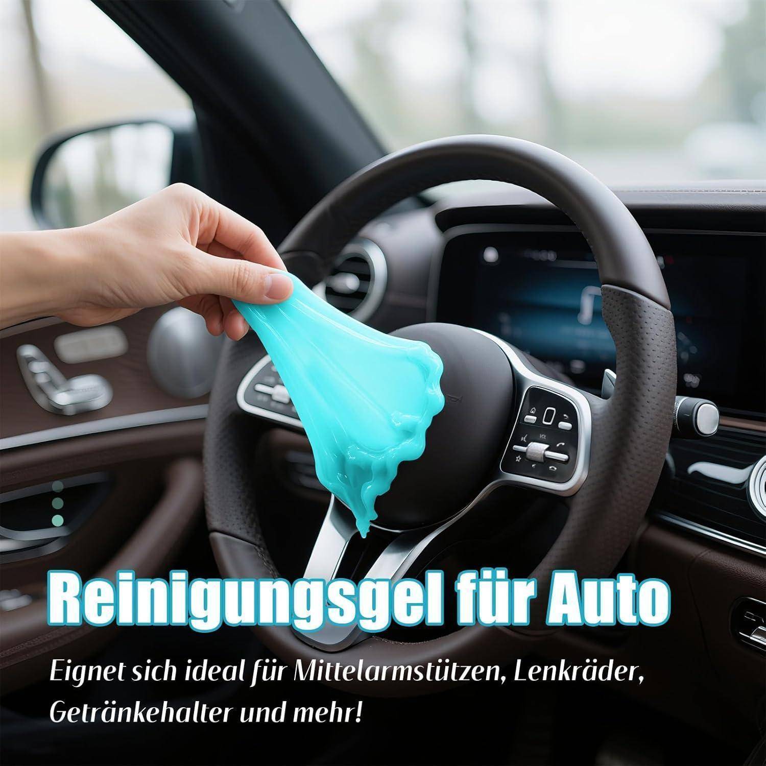 Hand hält blaues Reinigungsgel in einem Auto; Text besagt 