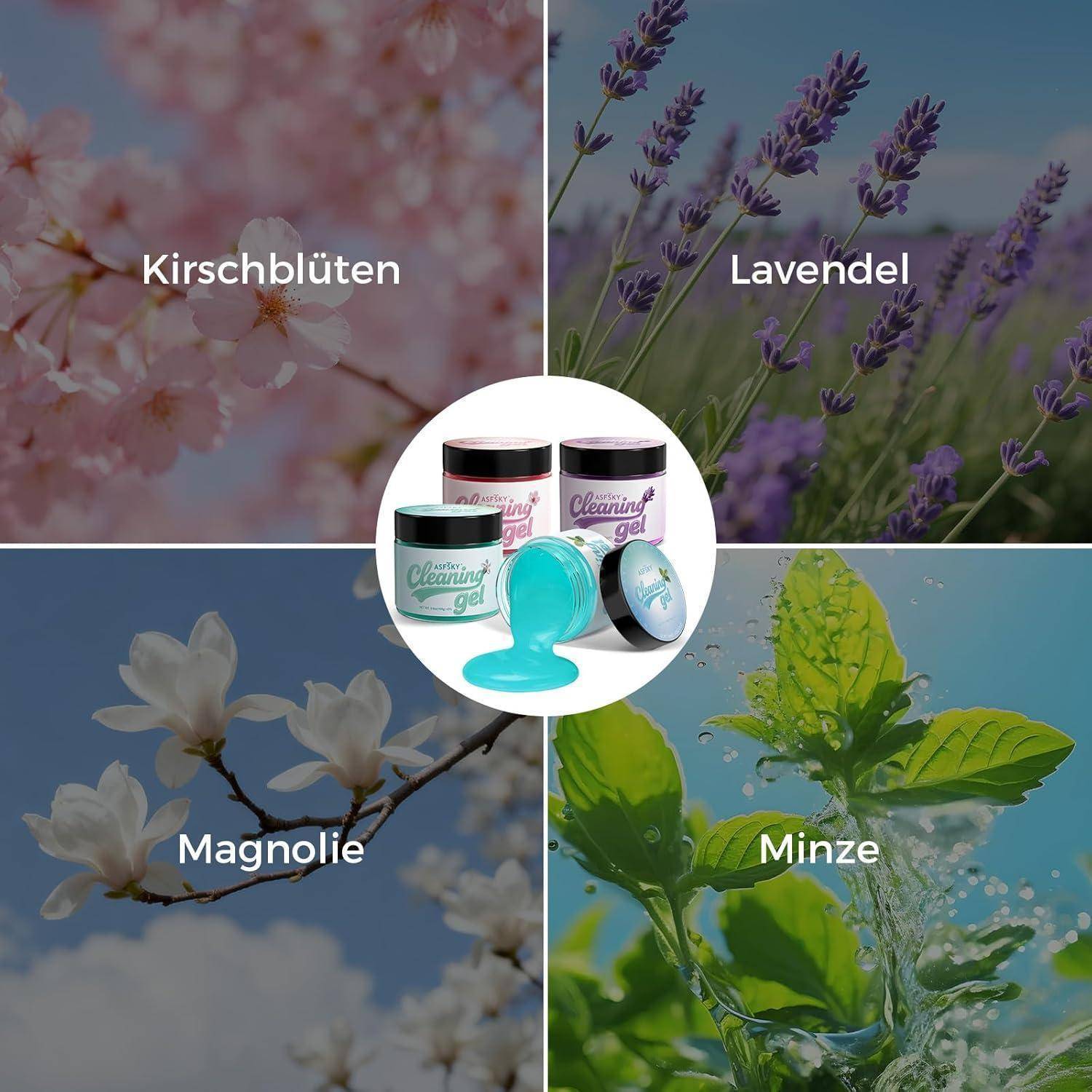 Reinigungsgel in vier Düften: Kirschblüte, Lavendel, Magnolie und Minze, gezeigt mit Produktgläsern in der Mitte.
