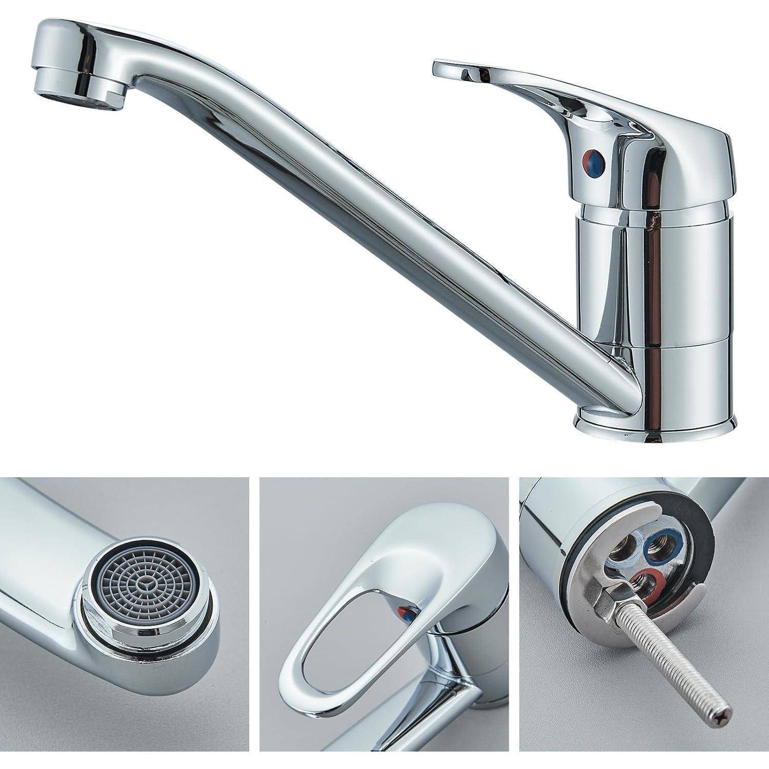 Chrom-Einhebel-Küchenarmatur mit geschwungenem Auslauf; drei Detailansichten zeigen Belüfter, Hebelhgriff und flexible Schlauchverbindung.